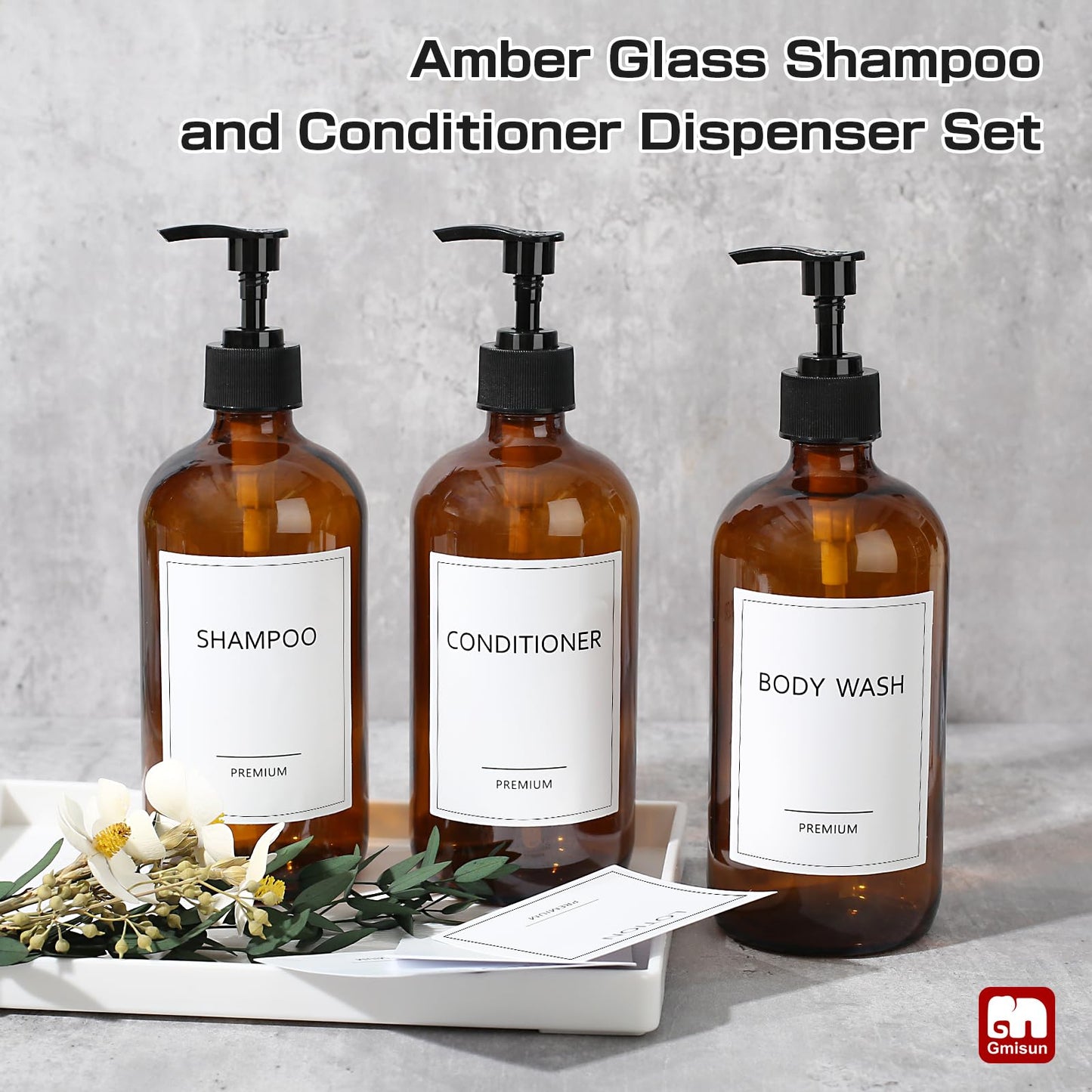 GMISUN Glass Shampoo and Conditioner Dispenser, Shower Soap Dispenser Bottles with Labels, Refillable Shampoo Conditioner Body Wash Dispensers, Amber Glass Soap Pump Dispenser Set for Bathroom Shower