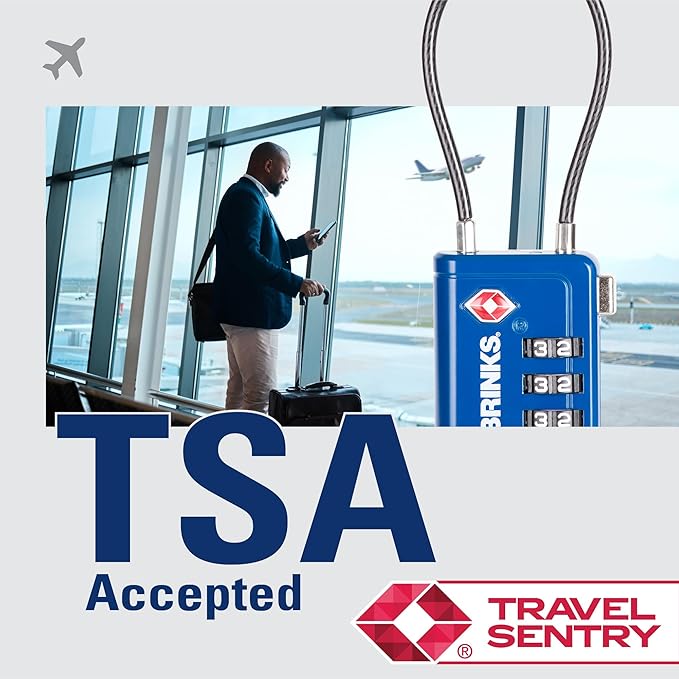 Brinks TSA Accepted Indicator Luggage Lock, Blue - Resettable 3-Dial Combination, 2.5 inch Long Cable Shackle, New More Secure TSA008 Key, 2 Pack
