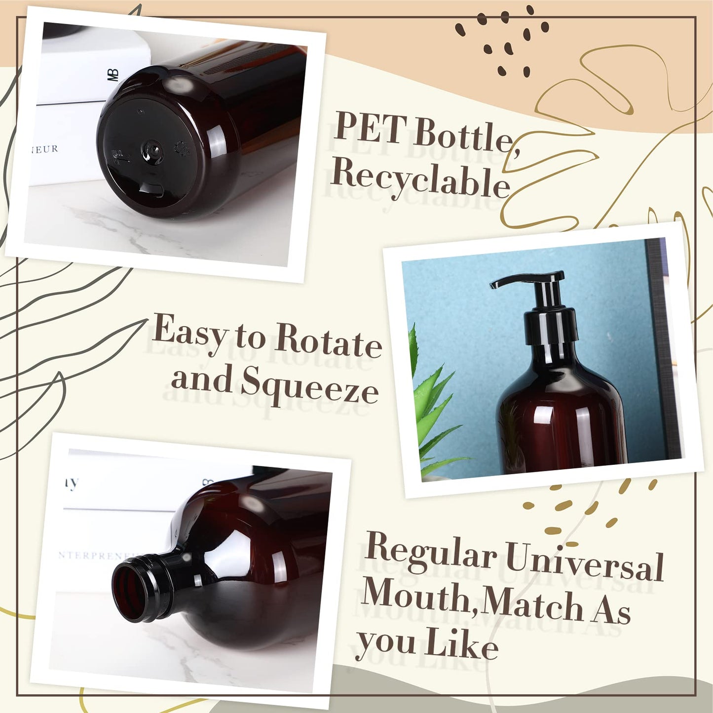 Tessco for You 24 Pcs Amber Soap Dispenser Empty Plastic Pump Bottles Refillable Shampoo Container for Hand Sanitizer Soap Lotion Body Wash Conditioner Bathroom Travel, 16.9oz
