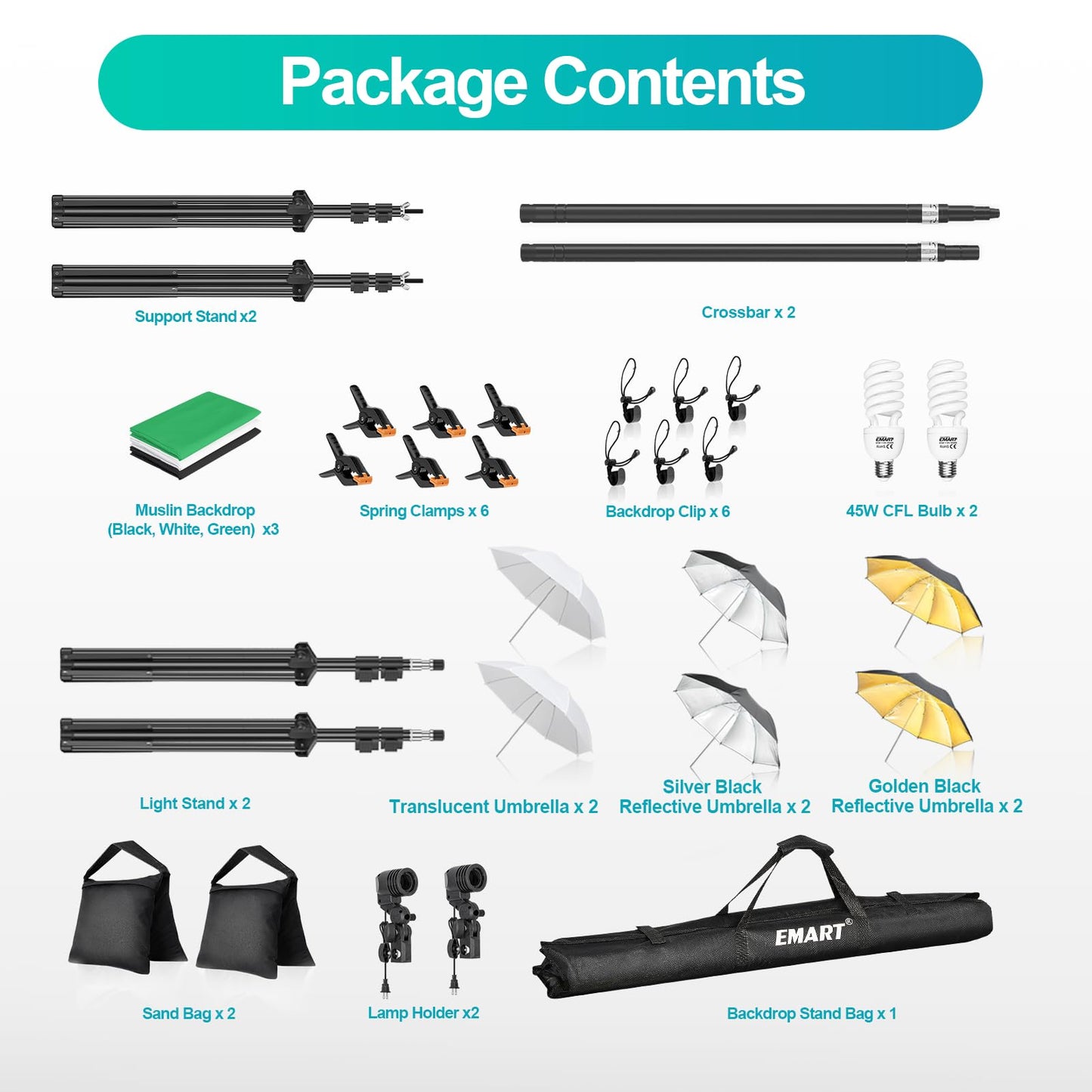 EMART 6.5x10ft Backdrop Support System, Professional Photography Lighting Kit with 45W CFL Blub, Umbrellas, 6x9ft Backdrop(White/Black/Green) for Photography Studio, Portrait, Video Shooting