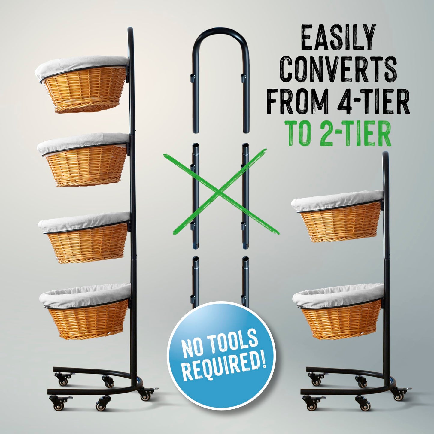 DS THE DISPLAY STORE 4 Tier Retail Display Stand with Wheels & Sign Clips, Brown Metal Market Display Rack Basket Stand, Farmers Market Display with Willow Baskets