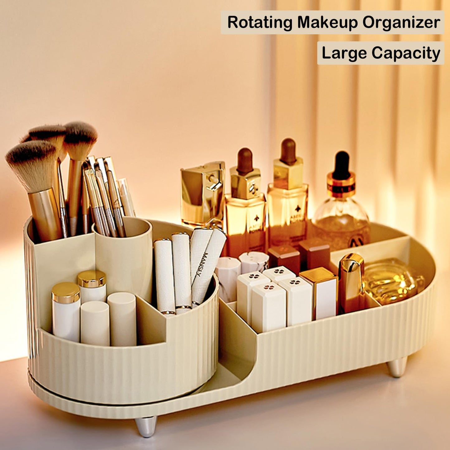 Rotating Makeup Organizer for Vanity with Brush Holder, Cosmetic Makeup Storage Organizer, Large Spinning Makeup Skincare Organizer, Countertop Makeup Perfume Organizer, Lotions Display Case Ivory