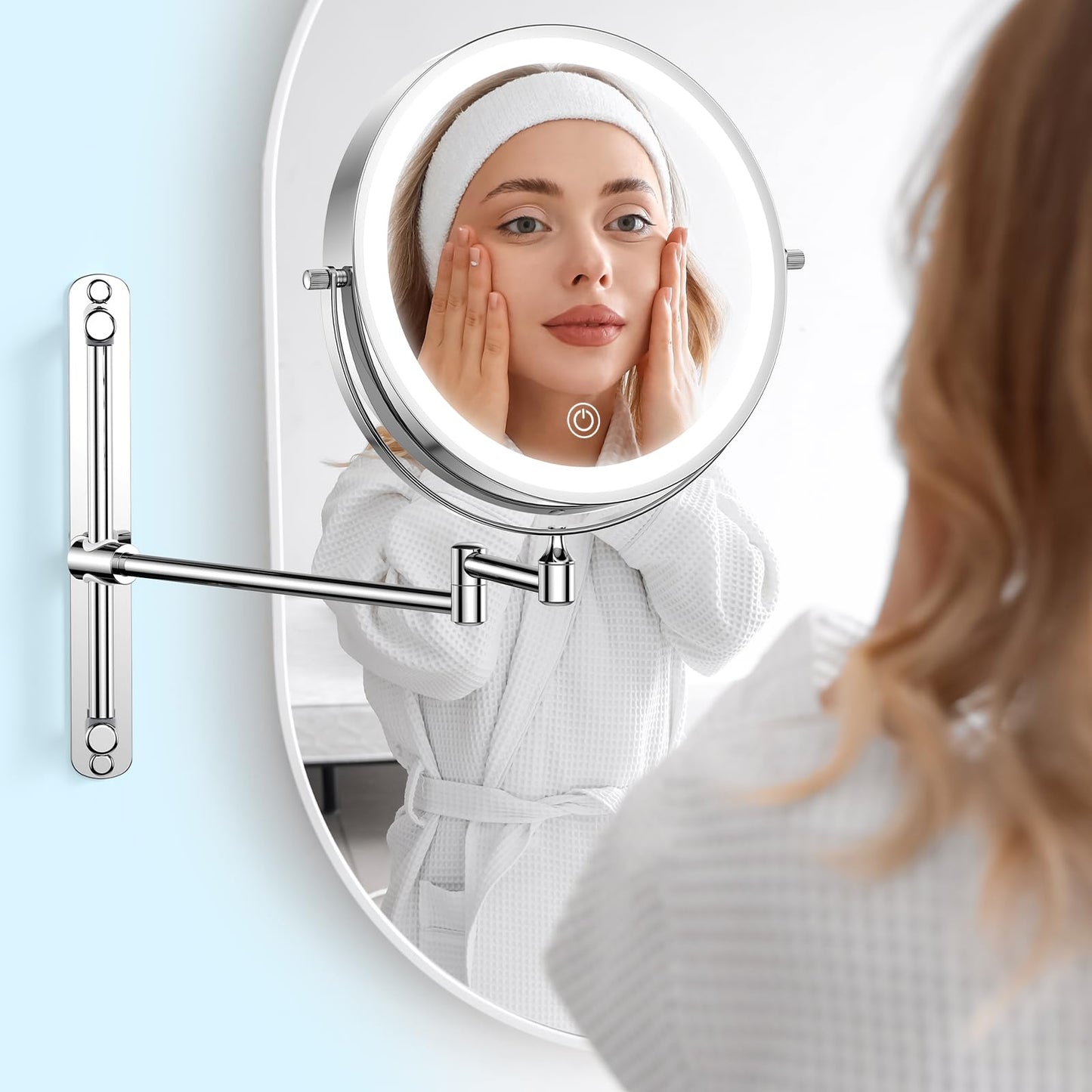 Gospire 8.5" Rechargeable Wall Mounted Lighted Makeup Mirror with Magnification 10X, Adjustable Brightness & Height, 3 Light Colors, 360° Rotation, Magnifying Mirror with Light for Women - Chrome