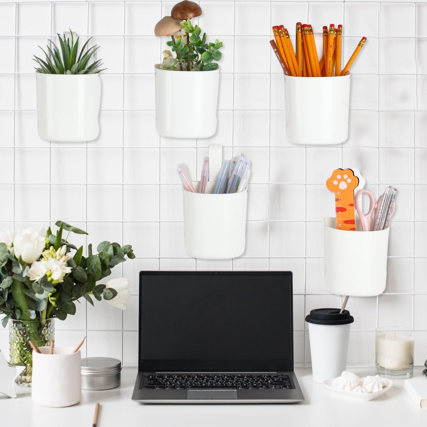 Threehoney 6 Pcs Grid Wall Baskets for Storage Grid Panel Accessories Hanging Bins Gridwall Cups for Kitchen and Bathroom, Hanging Baskets for Organizing, White