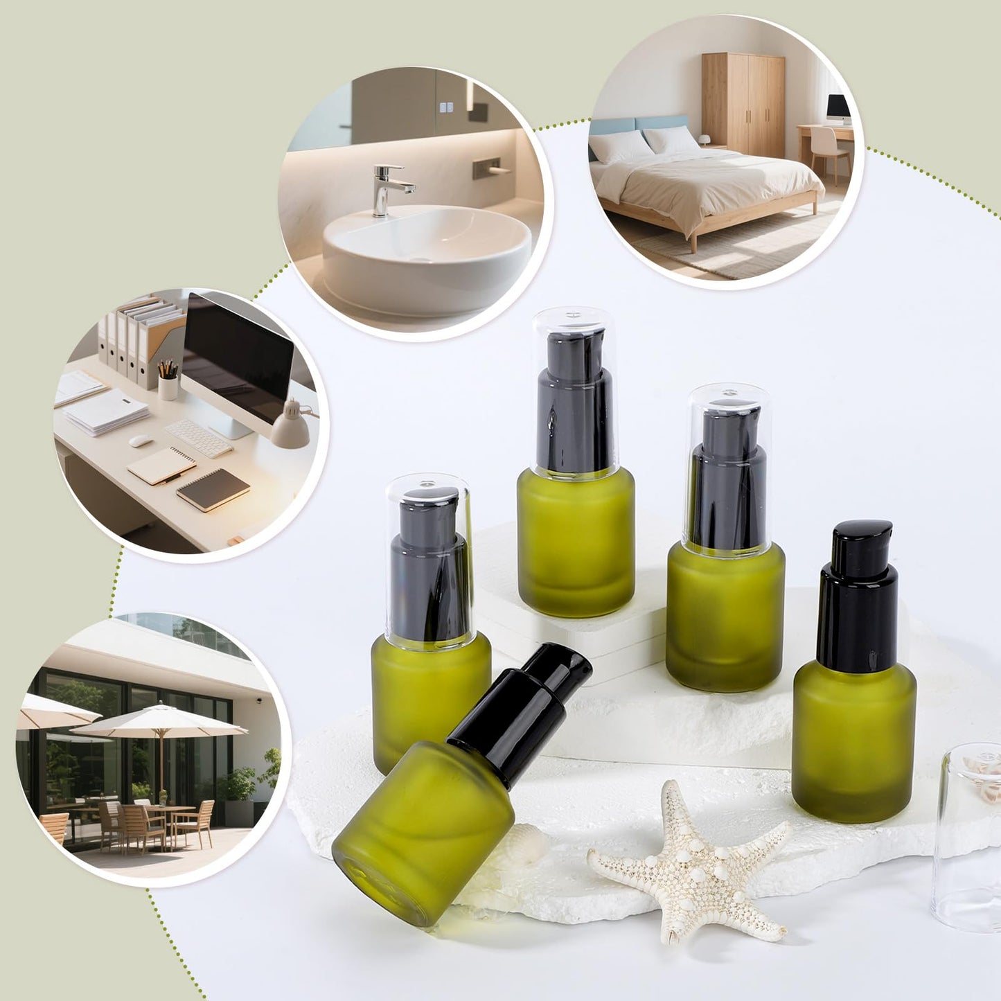 Segbeauty 0.5oz Frosted Glass Travel Size Containers for Lotions, 5pcs Mini Empty Lotion Bottles Pump Dispenser Refillable, 15ml Green Travel Containers for Creams, Small Hair Oil Pump Bottle Liquids