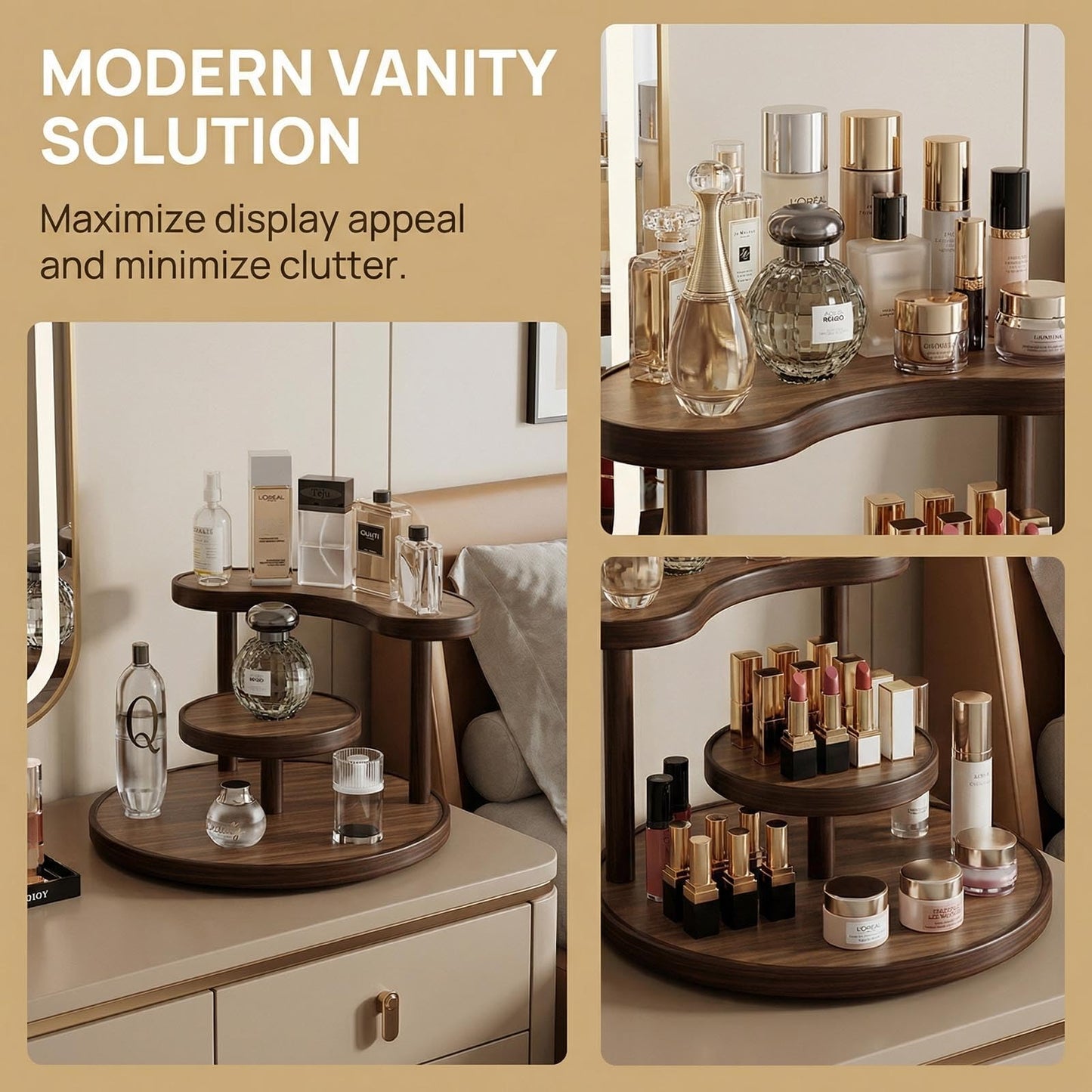 GDQ Wooden Display Organizer Stand,Perfume Organizer, Brown Bamboo Vanity Organizer Display Storage for Cosmetics, Perfume, Plants, Tea Set, Open Design for Entryway/Living Room/Bathroom/Bedroom