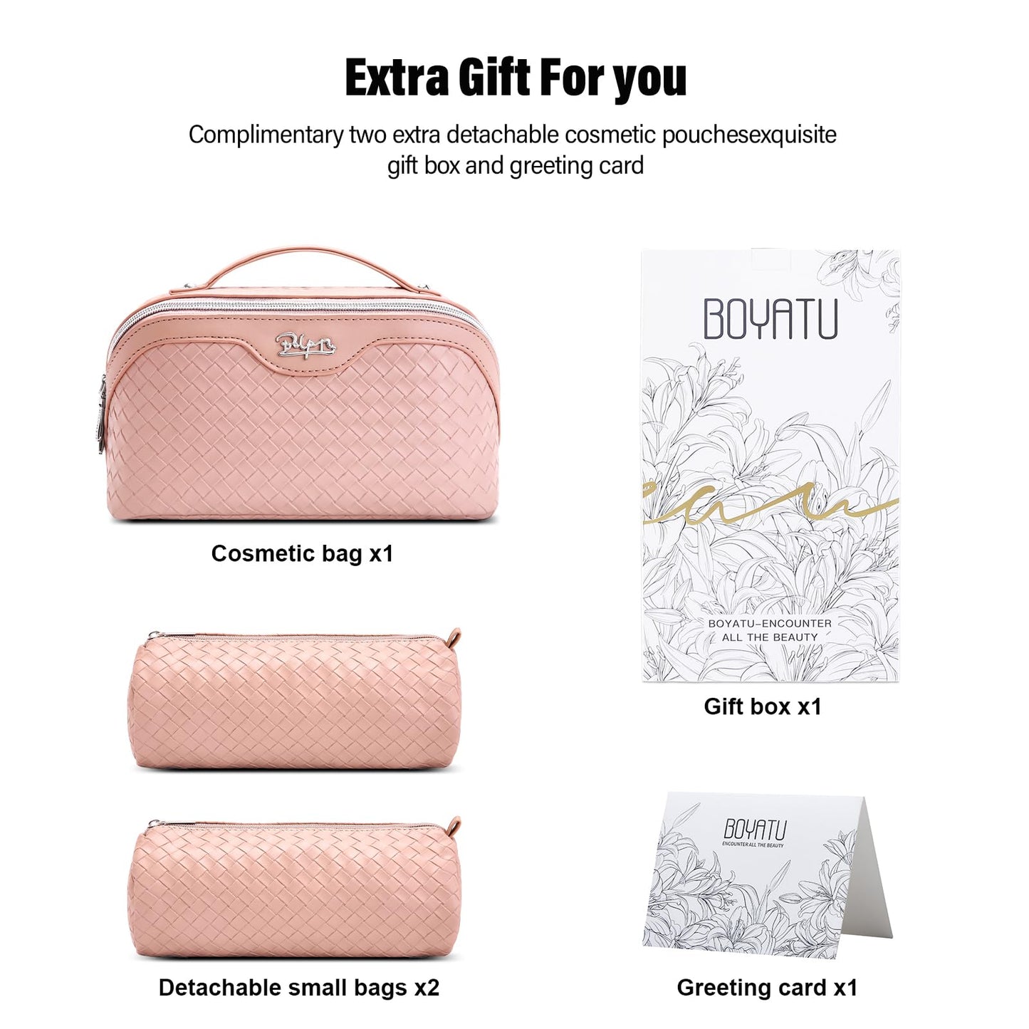 BOYATU Travel Makeup Bag Cosmetic Bags for Women: Large Capacity 3 Pcs Set Make up Bag with Compartments - Waterproof Vegan Leather Toiletry Organizer Bags with Handle (L04 Light Pink)