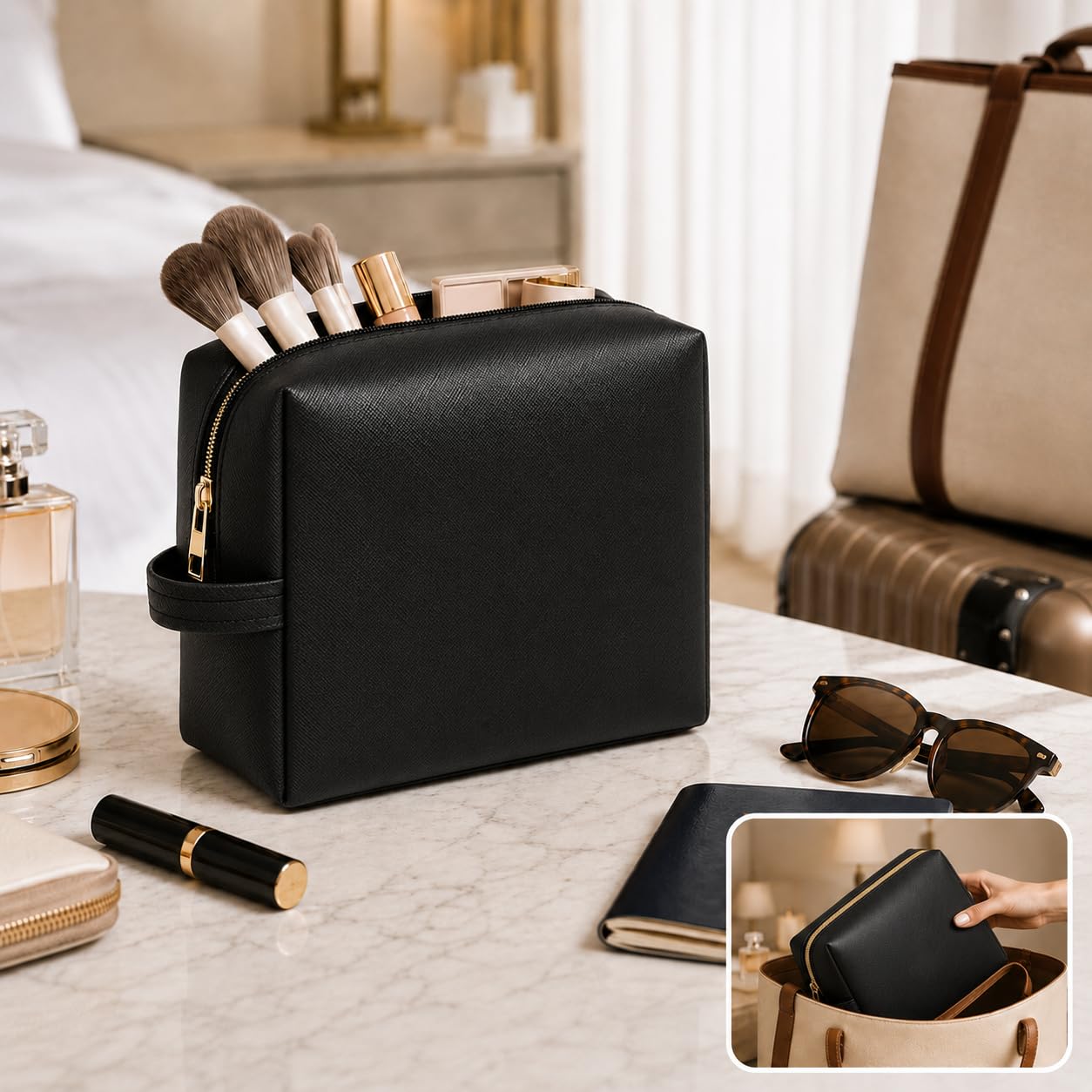 imerelez 3PCS PU Leather Makeup Bag, Large Travel Cosmetic Pouch, Cute Toiletry Organizer for Women, Black