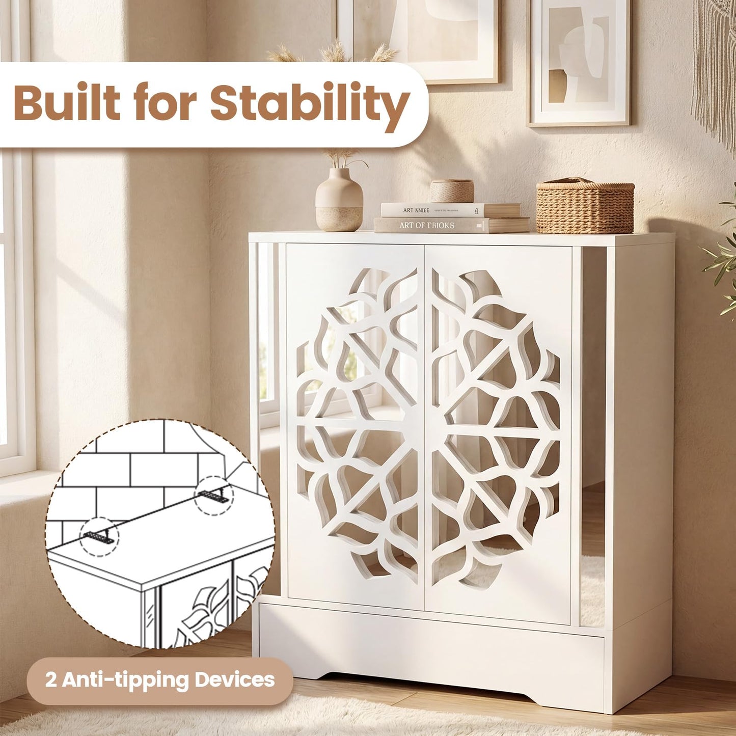 Giantex Shoe Cabinet with Drawer, 6-Tier Shoe Organizer Cabinet with Mirrored Doors, Removable Shelves & Floral Patterns, Shoe Storage Cabinet for Entryway, Hallway, Foyer, Living Room, White