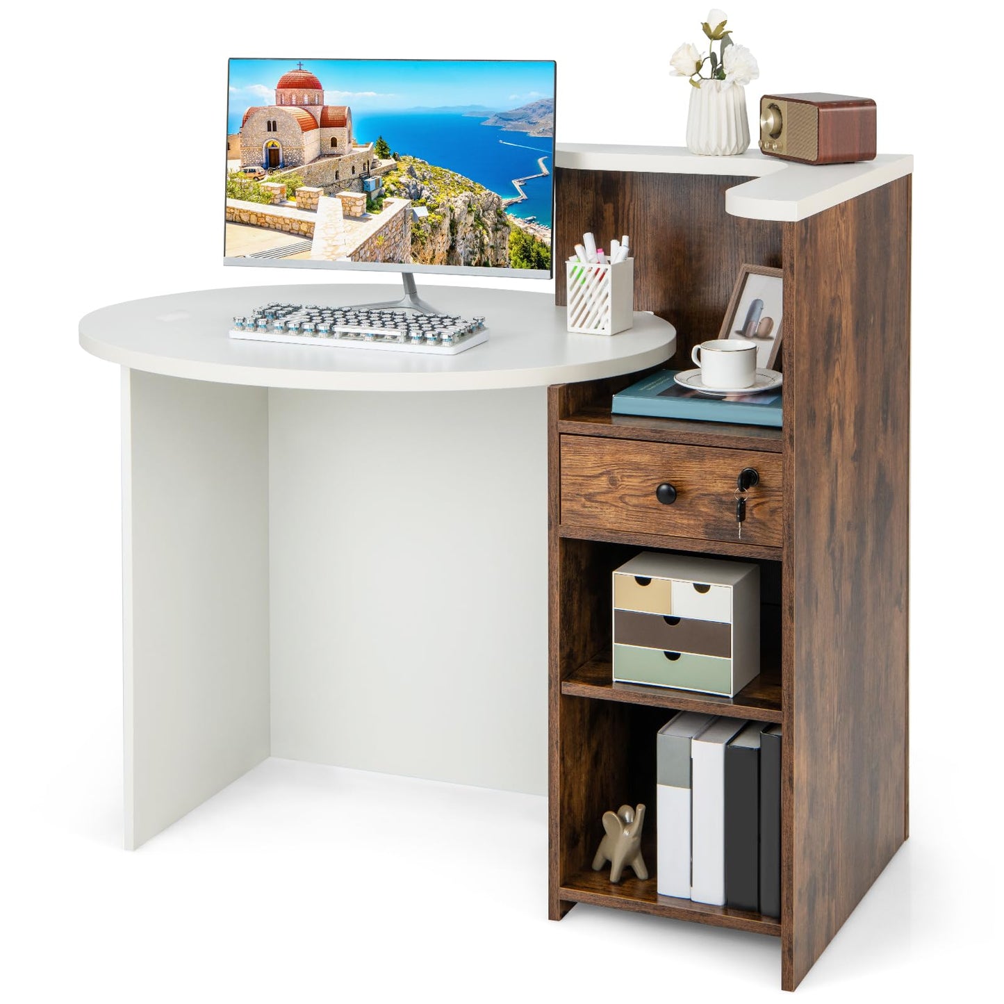 Tangkula Reception Desk, Front Counter Desk with Lockable Drawer & Adjustable Shelf, Oval Desktop, Retail Counter for Checkout, Computer Workstation for Salon Lobby Home Office