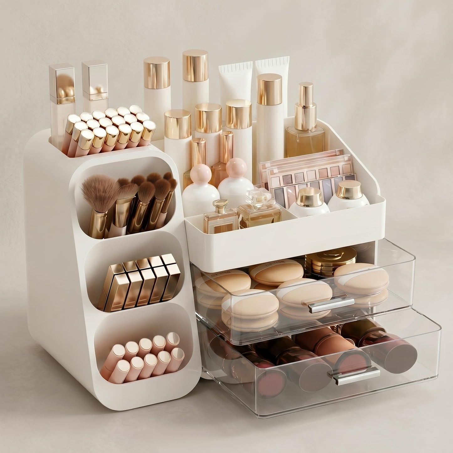 KQJS Makeup Organizer for Vanity - Large Skincare Organizers Countertop, Cosmetic Organizer with Brush Holder and 2 Drawer, Makeup Storage for Lipsticks, Nail Polishes, Eyeshadow Palettes, White