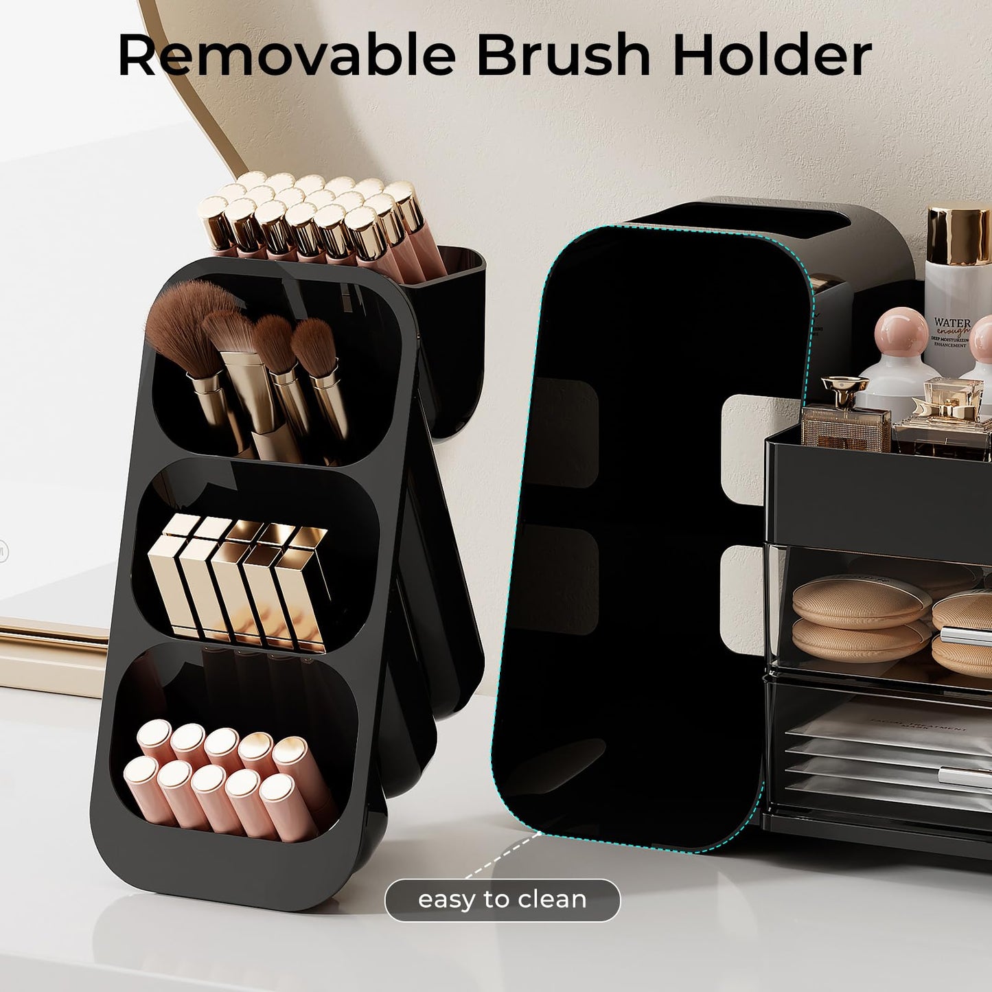 UFORU Makeup Organizer for Vanity with Brush Holder, Large Capacity Bathroom Countertop Skincare Organizer with 2 Drawers, Cosmetic Display Case for Perfumes, Eyeshadow Palettes, Nail Polishes