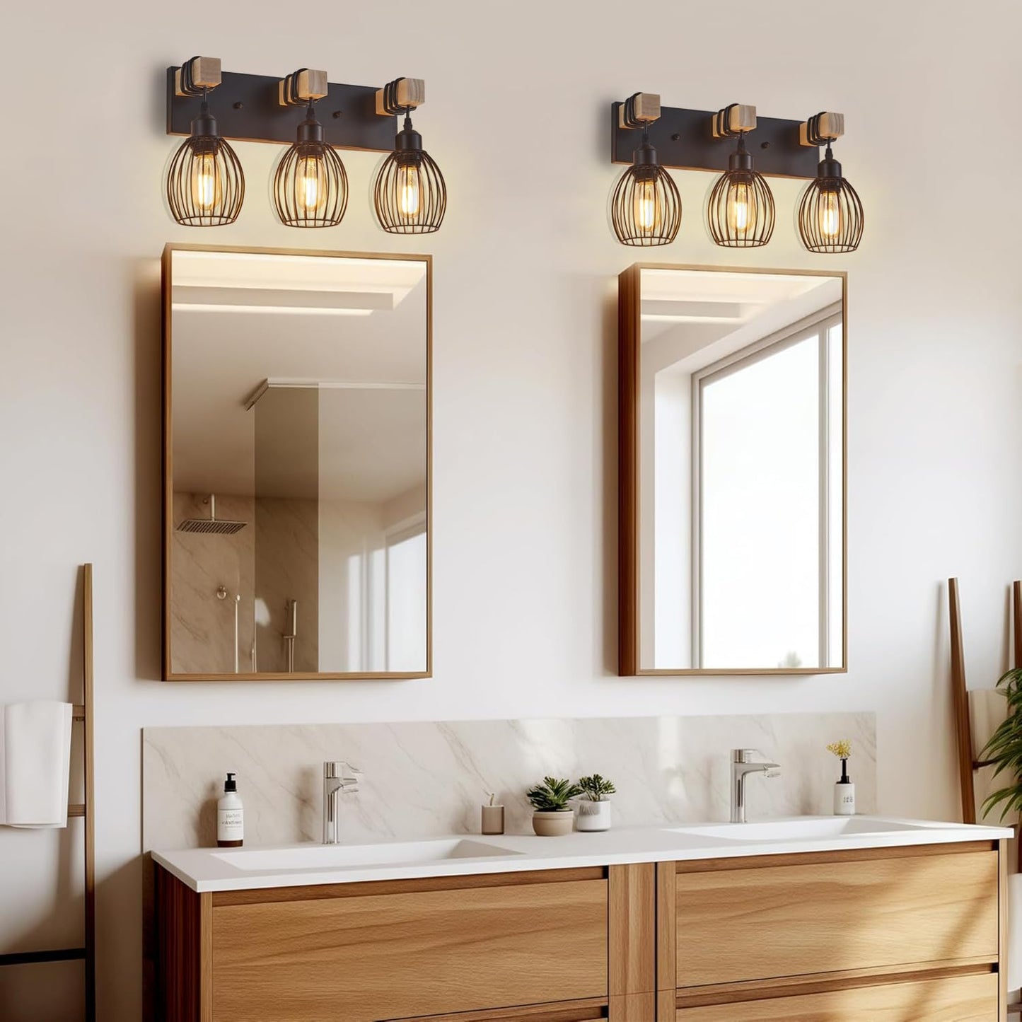 A1A9 Farmhouse Bathroom Vanity Light, 3-Light Rustic Wood Bathroom Lighting Fixtures Over Mirror, Industrial Black Vanity Lights with Elegant Teardrop Lampshade for Bedroom Living Room Hallway