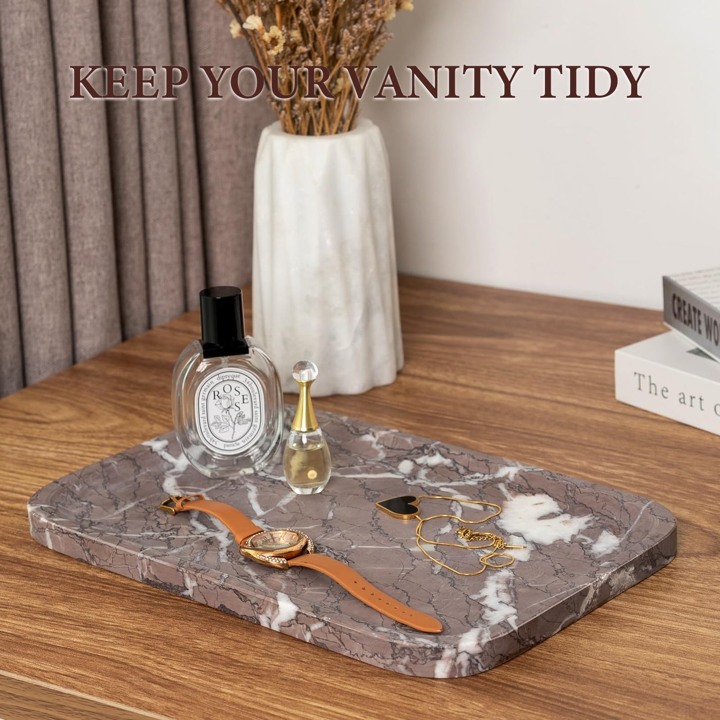 Koville Marble Tray, 12"x8" Marble Vanity Tray for Countertop Bathroom Kitchen Dresser, Decorative Catchall Trays for Perfume Jewelry, Rectangular Stone Serving Tray(Purple)