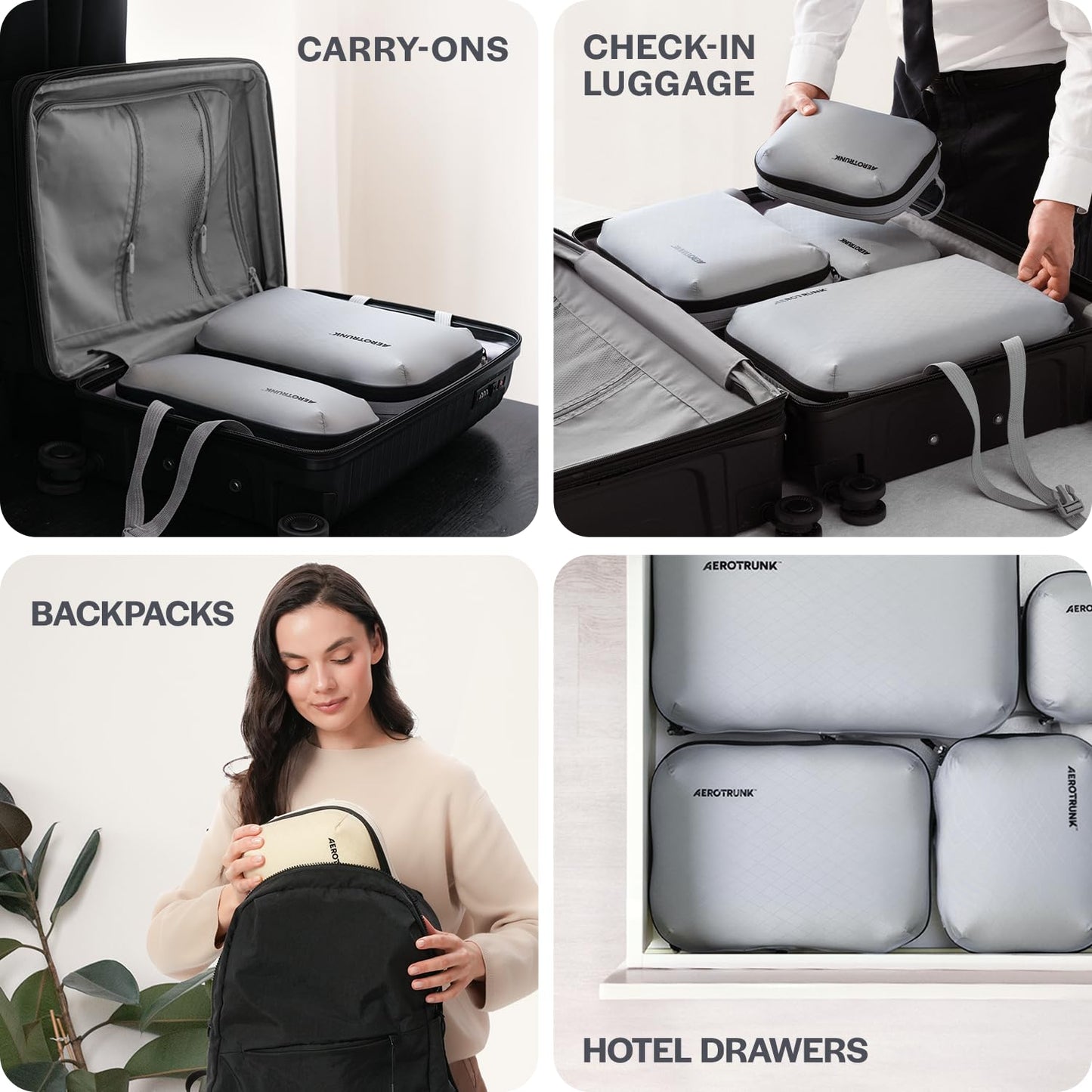 Aerotrunk Ultralight Compression Packing Cubes - Lightweight Travel Organizers for Suitcases and Luggage (6-Pack, Light Grey)