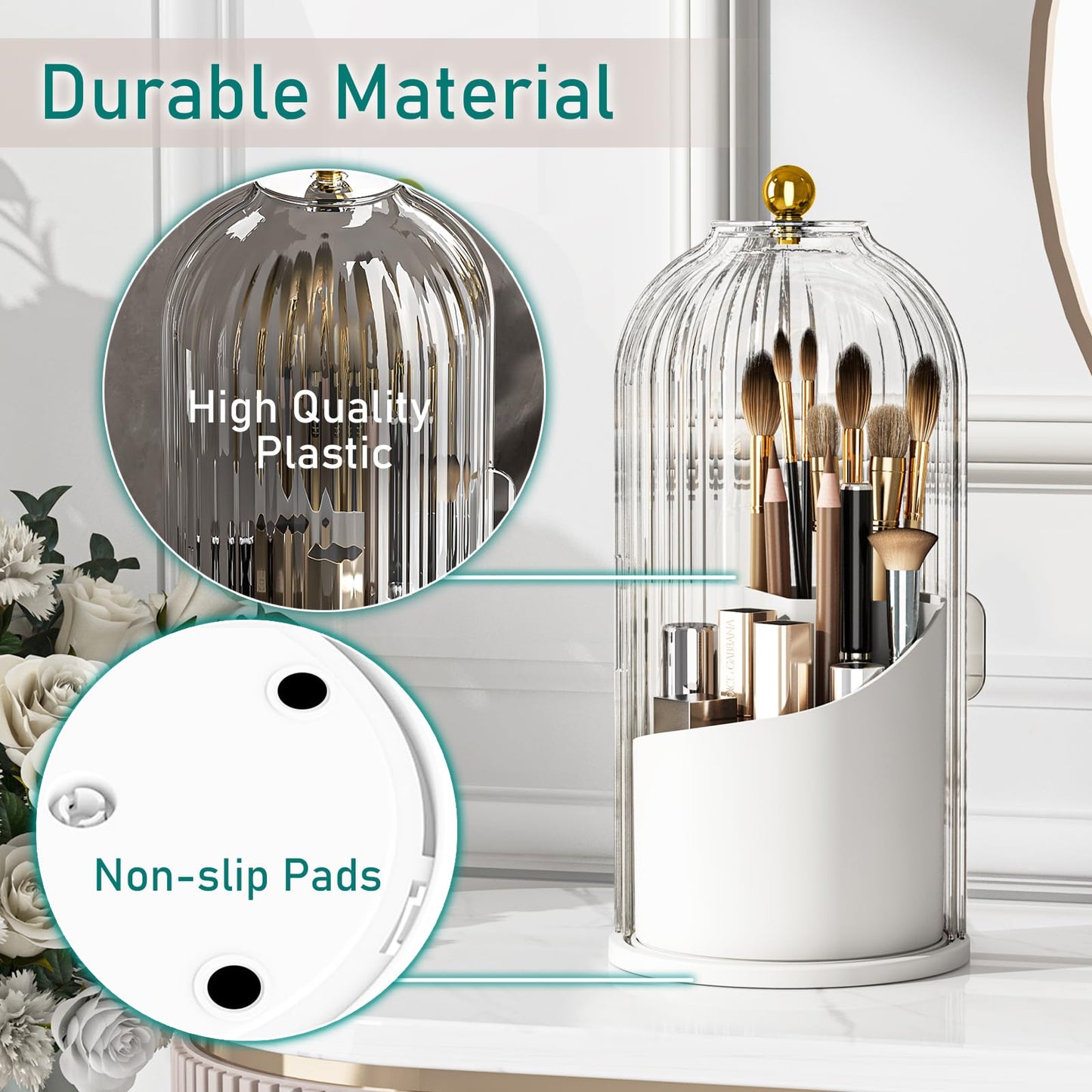 GAXmi Makeup Brush Holder with Lid Rotating Cosmetic Organizer, Transparent