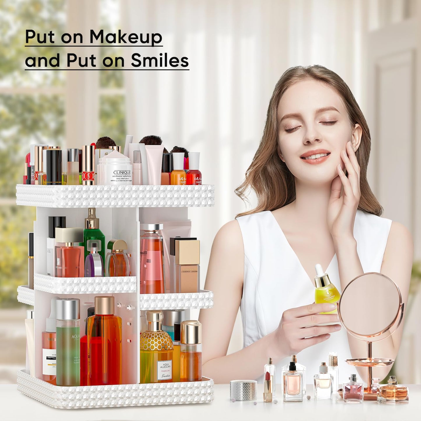 360°Rotating Makeup Organizer, Large Capacity Vanity Organizer with DIY Adjustable Trays, Makeup Brush Cosmetic Skincare Organizer Spinning Holder Shelf Storage Rack, Perfume Organizer For Dresser