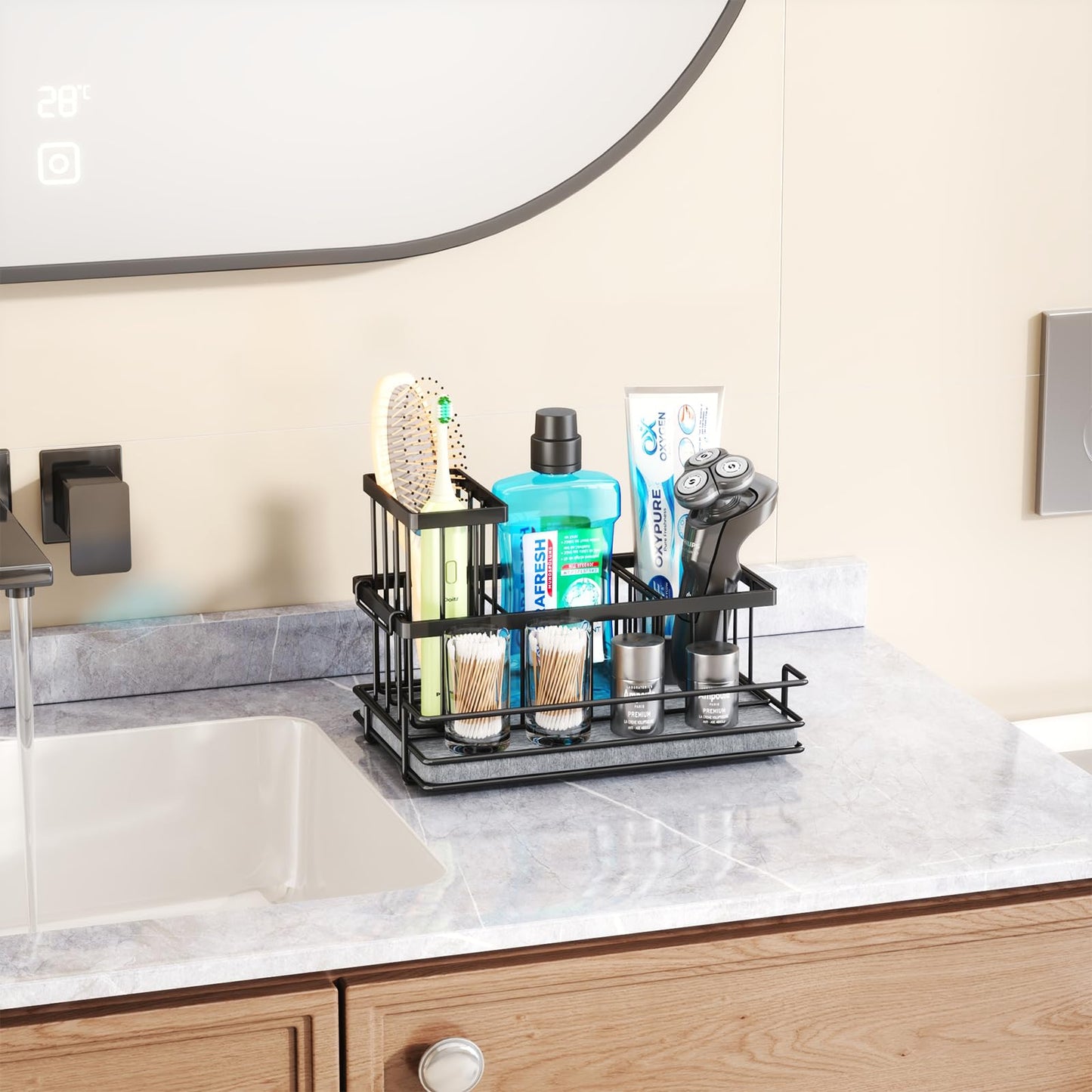 HapiRm Sink Caddy Sponge Holder - Kitchen Sink Organizer with Instant Drying Stone and Brush Holder, Stainless Steel Bathroom Counter Organizer - Black