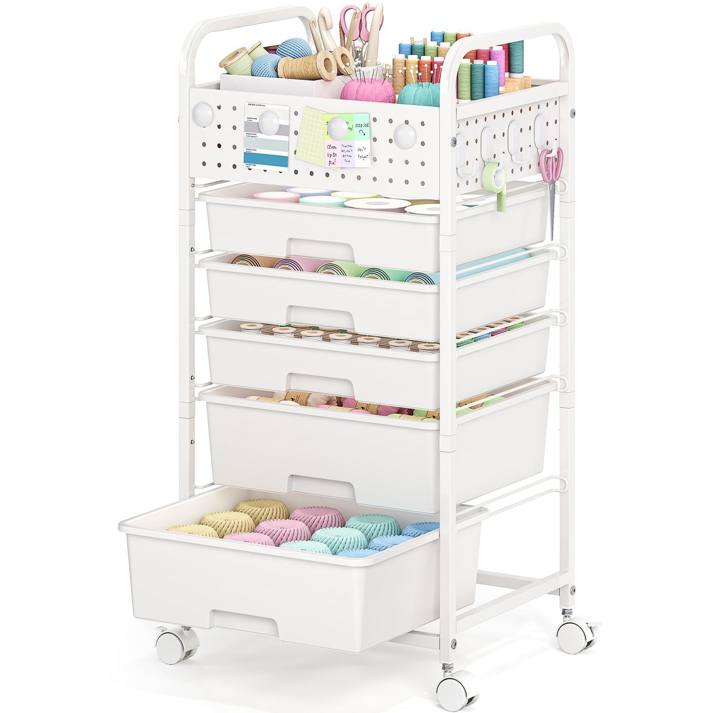 5 Drawer Rolling Storage Cart with Pegboard Top and Hooks, Mobile Utility Organizer with Wheels for Office Supplies, Craft Storage, Classroom Organization, Home Storage Cart, White