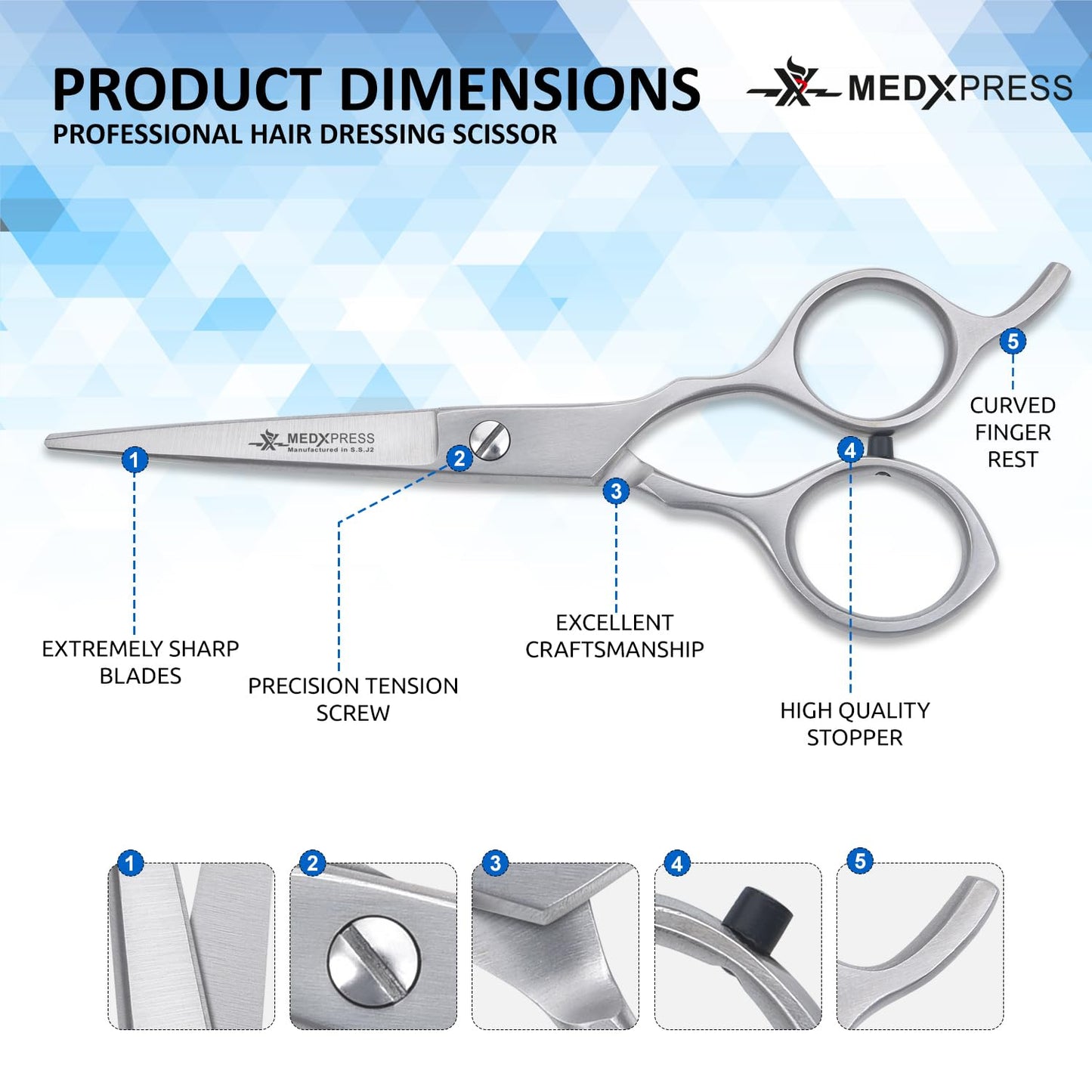 Medxpress Hair Cutting Scissors 5.5" Stainless Steel Styling Shears Japanese Style for Hair Cutting Professional Barber Scissors for Hair Salon and Home Sharp Trim Scissors Ideal for Women and Men.