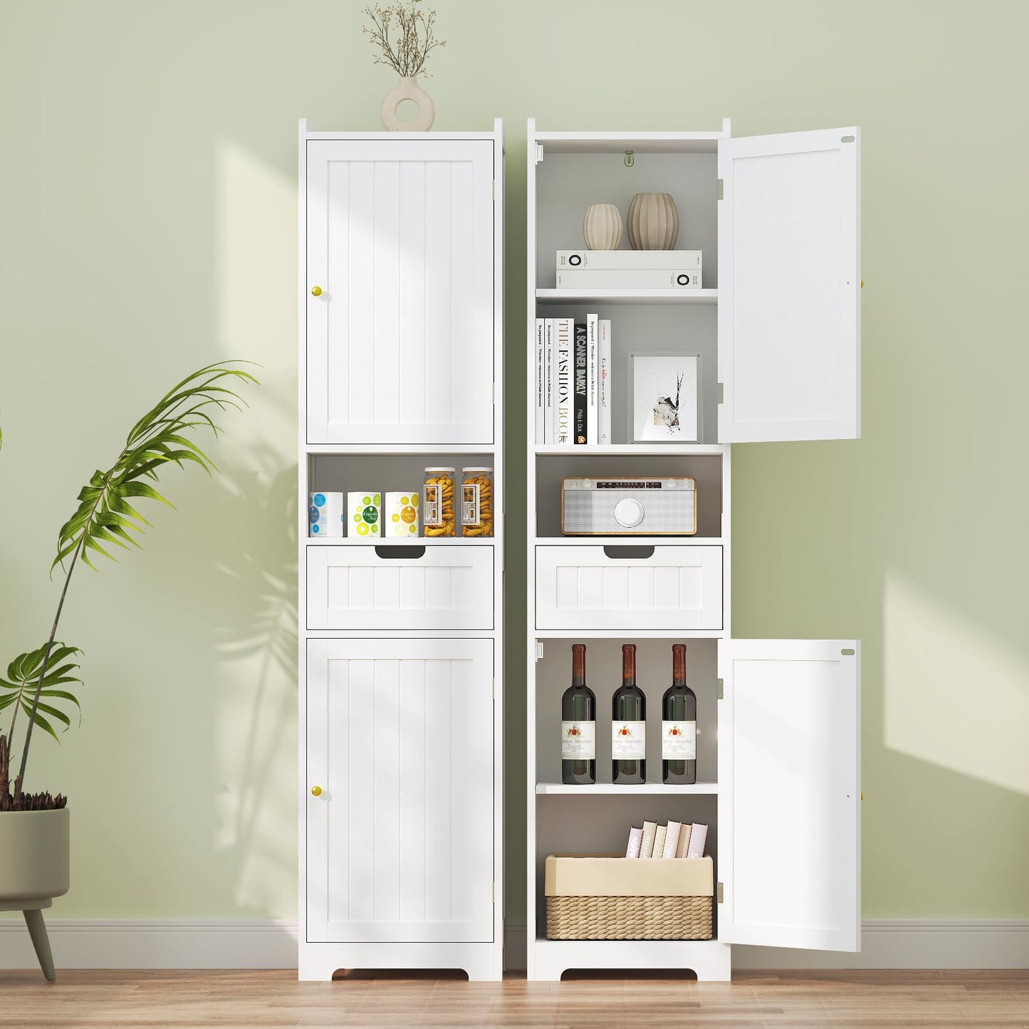 TidyHaven 67" H Tall Bathroom Storage Cabinet, Slim Narrow Organizer with Adjustable Shelves, 2 Doors & 1 Drawer, Freestanding Floor Cabinet for Bathroom, Kitchen, Living Room (White)