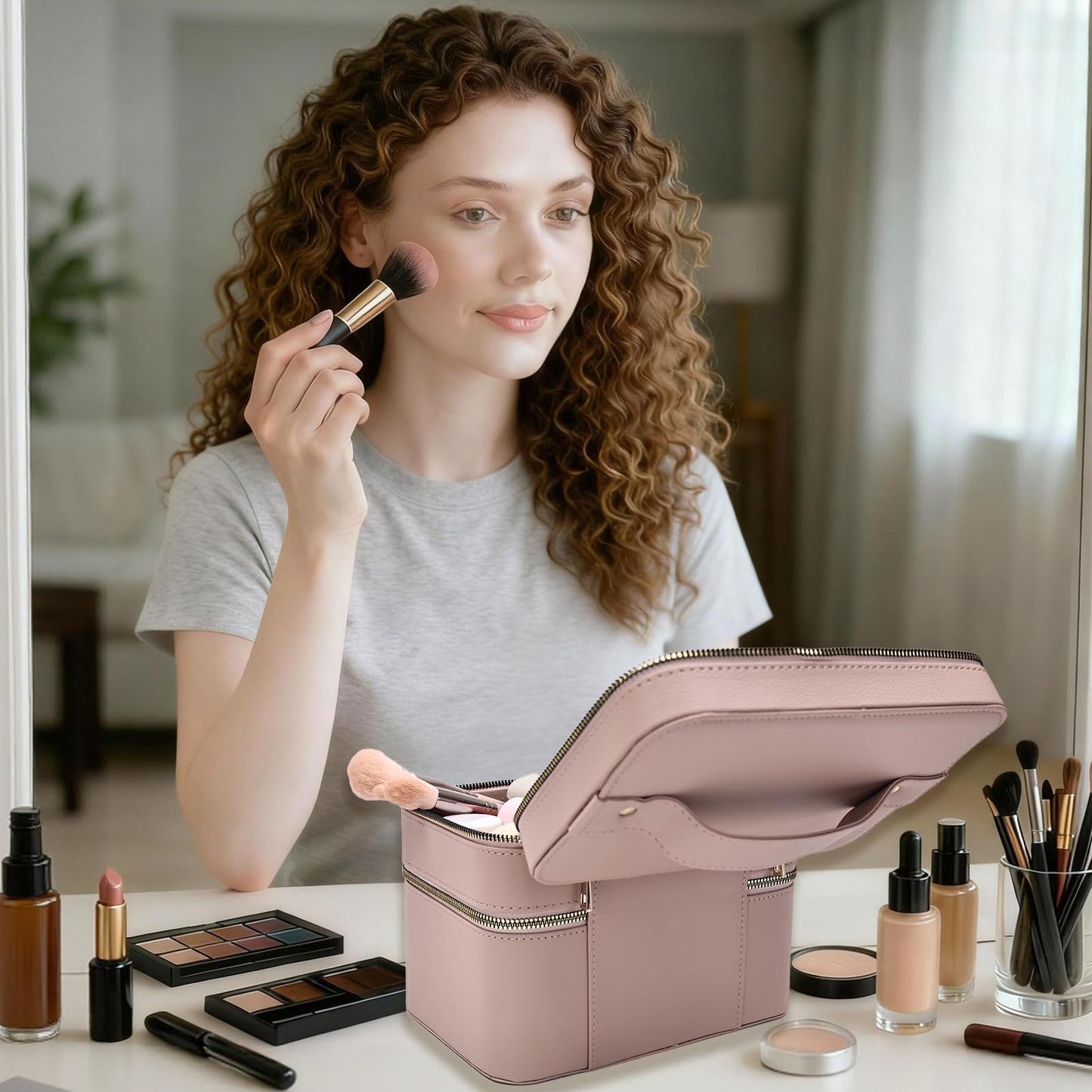 RCFJ b y K L A N D Hard Makeup Case, Double Layer Travel Cosmetic Case with Mirror - Waterproof PU Leather Toiletry Bag for Women