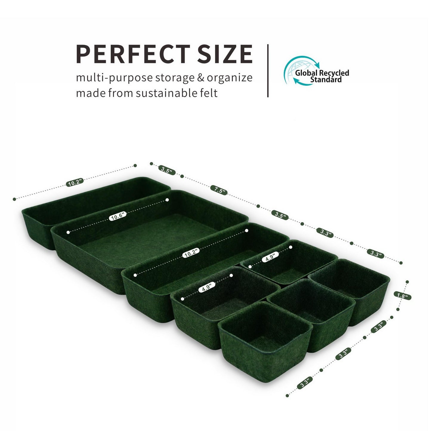 Welaxy Desk drawer organizer bins shallow trays felt storage desktop box for jewelry watches office supplies makeup small key holder minimalism 8-piece (Forest Green)