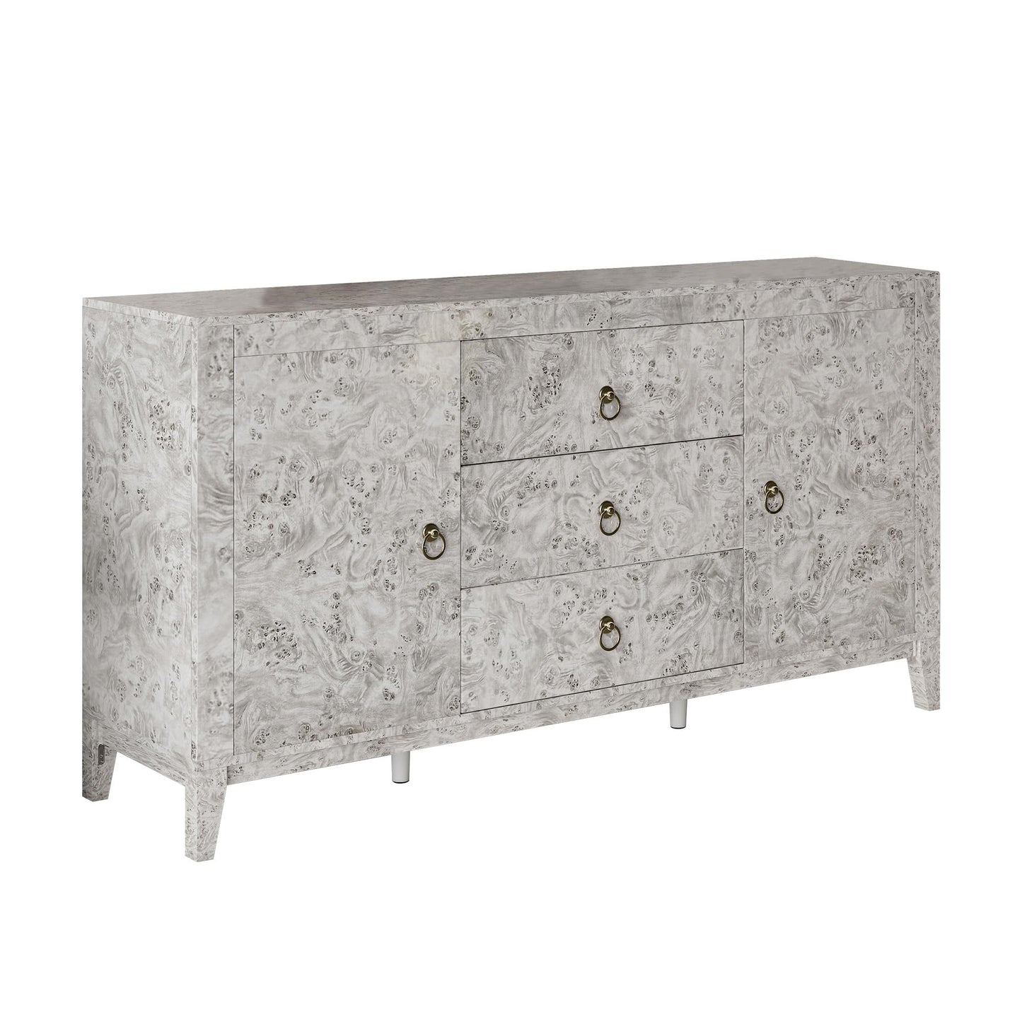 AMERLIFE 60" High Gloss Burl Buffet Sideboard Storage Cabinet, Large Wood Sideboard with Drawers, Retro Handles, Heavy Duty Coffee Wine Bar Buffet Table for Dining Room, Living Room, Grey