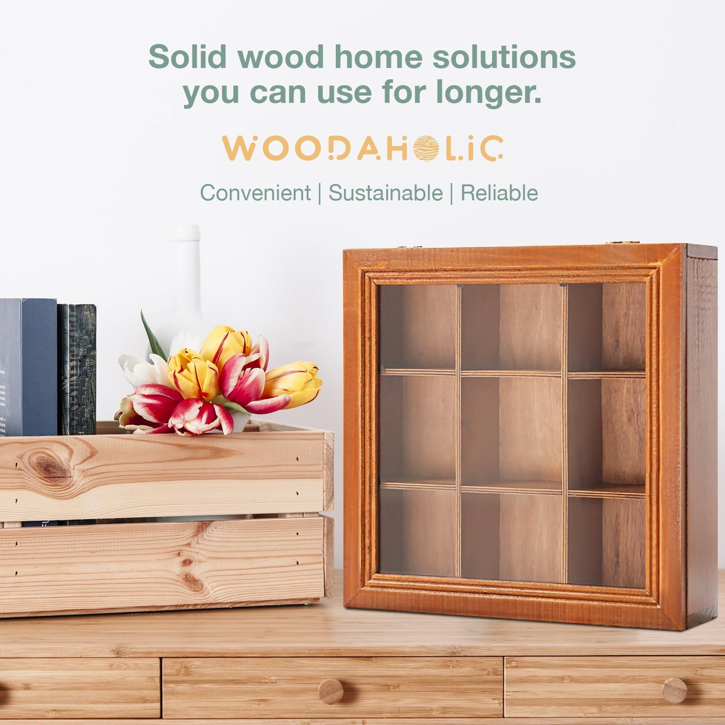 9-Slot Mini Wooden Storage Box w Clear Acrylic Collectibles Display Case - Square Wood Organizer Box with Dividers - Storage & Organizer Case for Tea, Essential Oils, Spices & More