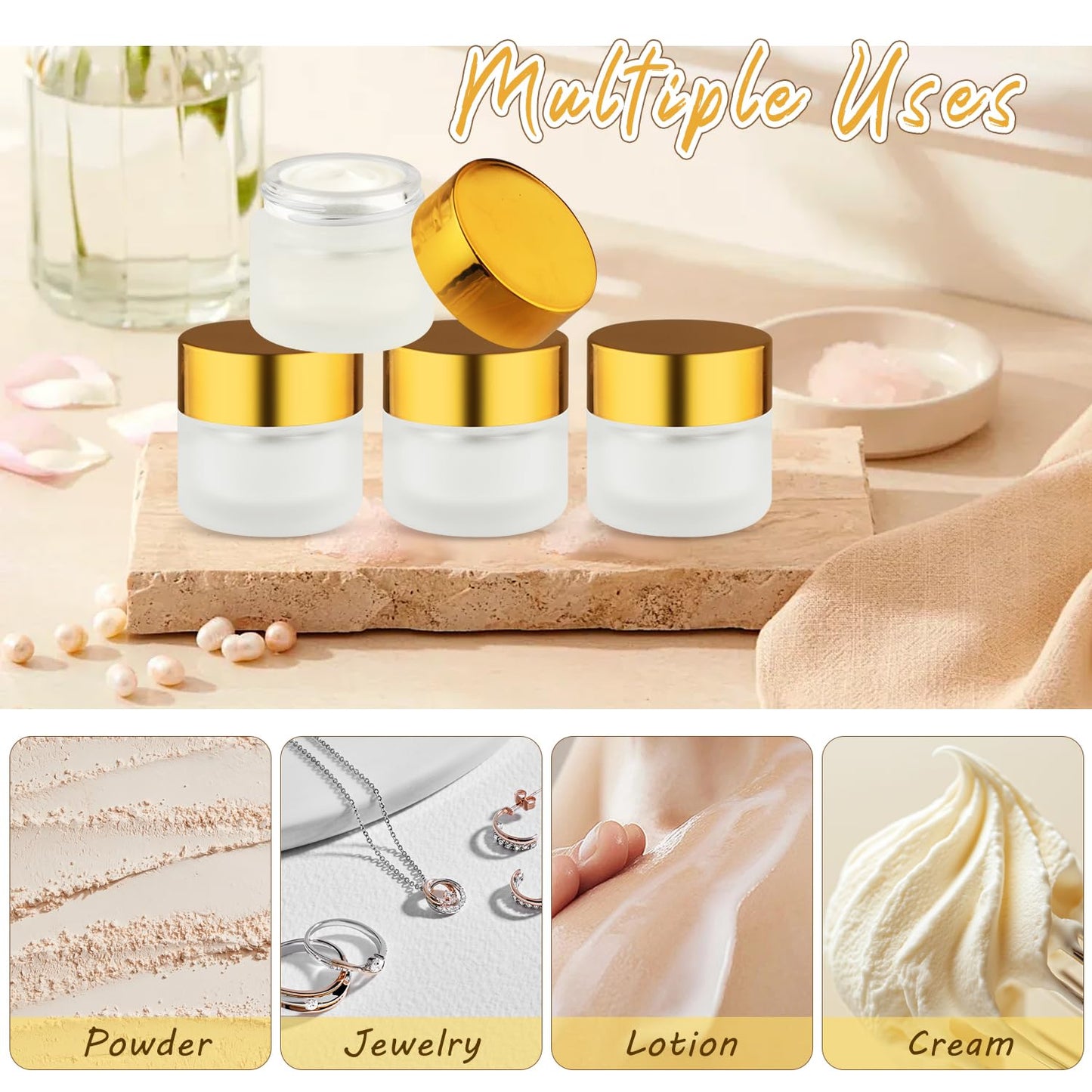 24 Pcs Frosted Glass Jars Refillable Cosmetic Containers Empty Round Storage with Gold Color Lids for Eye Cream Lotion Spice Powder Liquid Sample Make Up - 10g/0.34oz