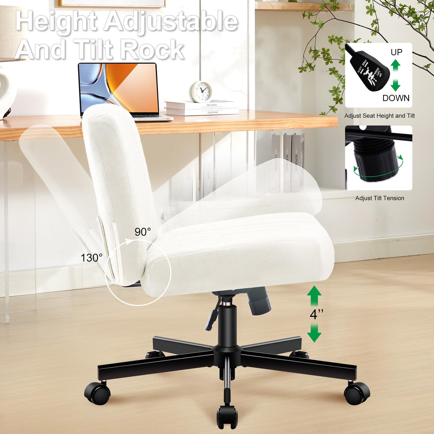 TUKAKA Criss Cross Chair with Wheels,Thick Padded Fabric Cross Legged Office Desk Chair with Pocket Spring Cushion,Dual-Purpose Base,Wide Adjustable Computer Home Office Vanity Chair,Cream White