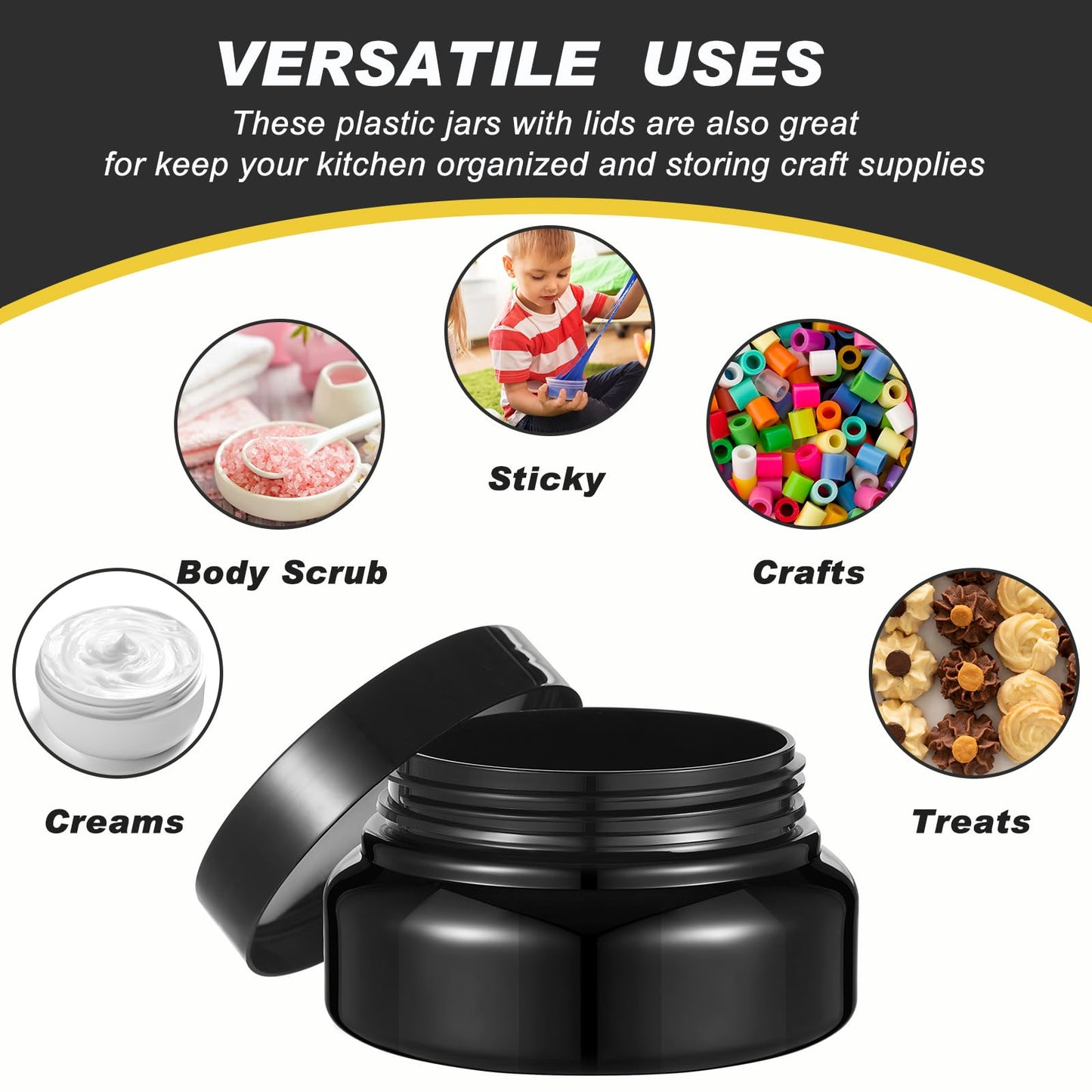 Tessco for you 24 Pack Plastic Jars with Lids Labels Multiuse Slime Containers Empty Body Scrub Jars Round Refillable Cosmetic Body Butter Container for Makeup (5 oz,Black)