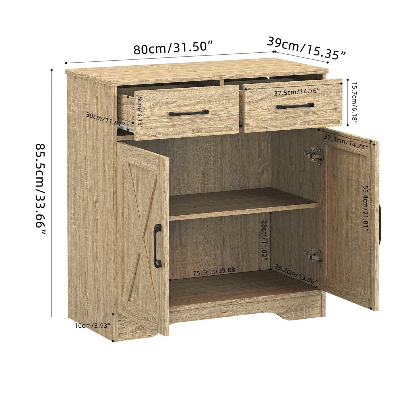 Panana Sideboard 2 Drawers 2 Doors Entryway Storage Cabinet Living Room Organizer Farmhouse Style Wooden Kitchen Cupboard (Nature)