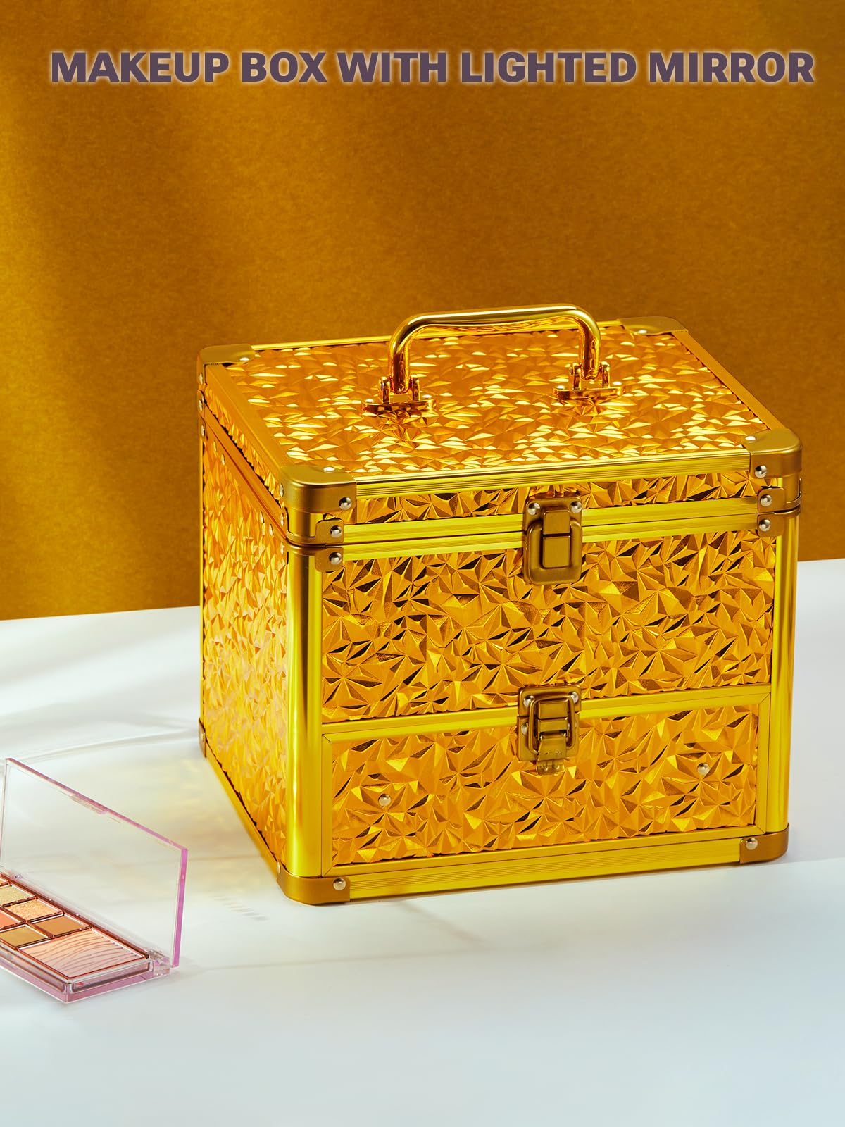 Qislee Makeup Box with Drawer and A Detachable Lighted Mirror, Waterproof Travel Train Case, Cosmetic Organizer and Makeup Suitcase with Adjustable Dividers, Magnetic LED Mirror (Luxury Gold)
