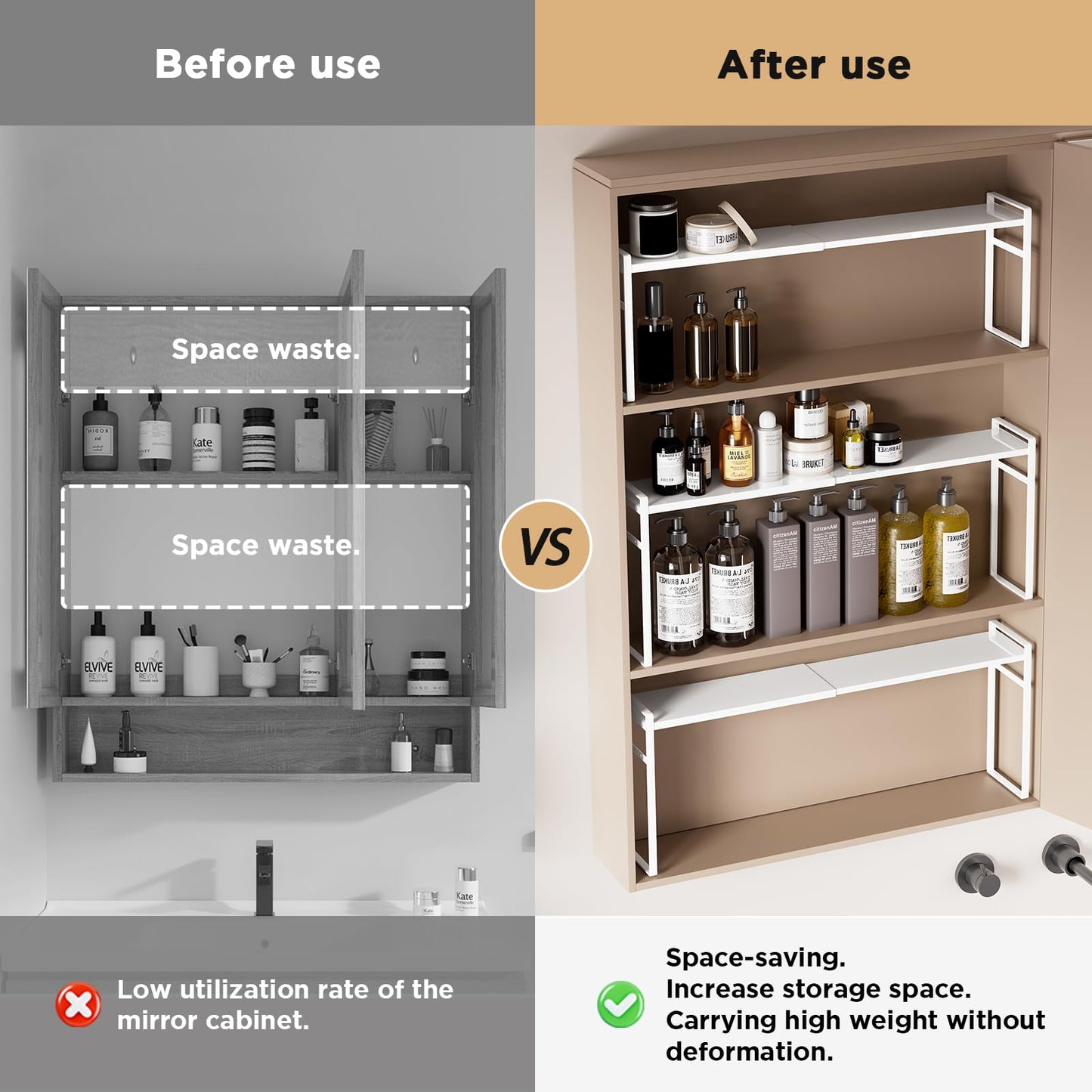 Expandable Medicine Cabinet Organizer, White Heavy-Duty Metal Adjustable Shelf Trays for Bathroom, Kitchen, Narrow Spaces, Space-Saving Storage Solution for Mirror Cabinets, Vanities, and Countertops