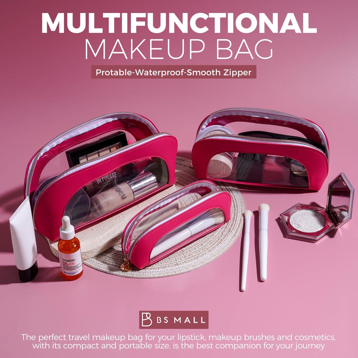 BS-MALL 3 Pcs Makeup Bag Set, Waterproof Travel Makeup Kit with Zippers, Lightweight Travel Bag for Makeup Brush Holder & Organizer, Fashionable Leather Case for Daily Use & Storage (Hot Pink)