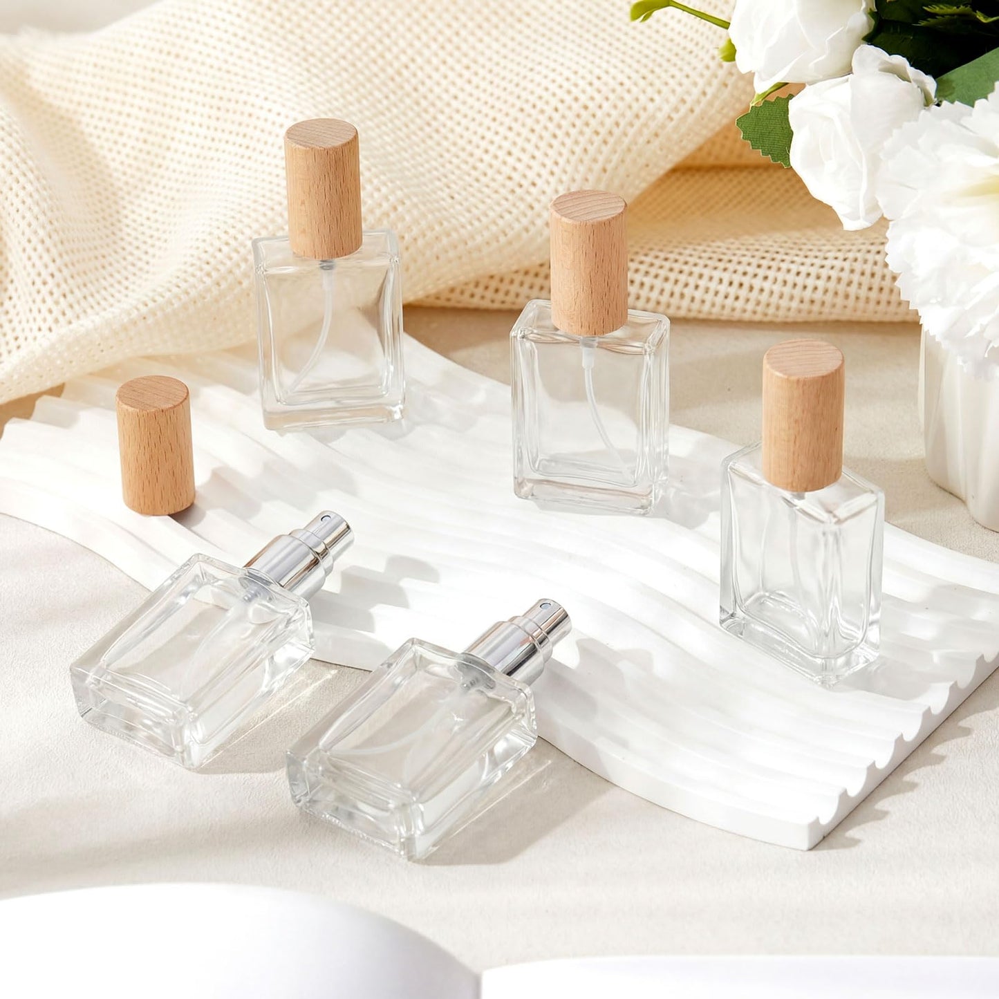 Domensi 30 Pcs 10/15/30/50 ml Glass Square Perfume Bottles Mini Glass Empty Spray Atomizer Bottles Bulk Refillable Perfume Dispenser Container with Pump Tool for Travel (15 ml,Light Woddy Color)