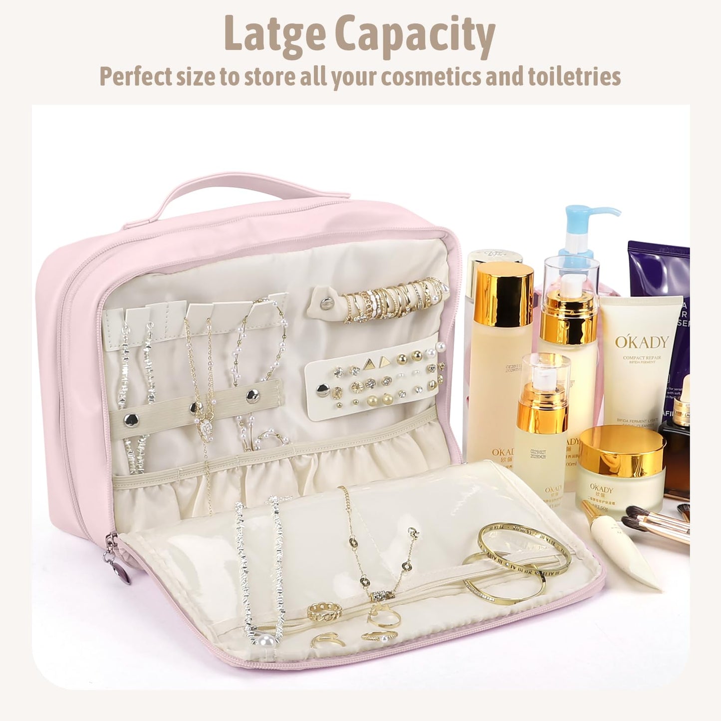 YOPCDJ Hanging Toiletry Bag with Jewelry Organizer,Travel Bag for Toiletries,PU Leather Cosmetic Bags for Women Make Up Organizer with 4 Compartments Waterproof Portable Travel Essentials