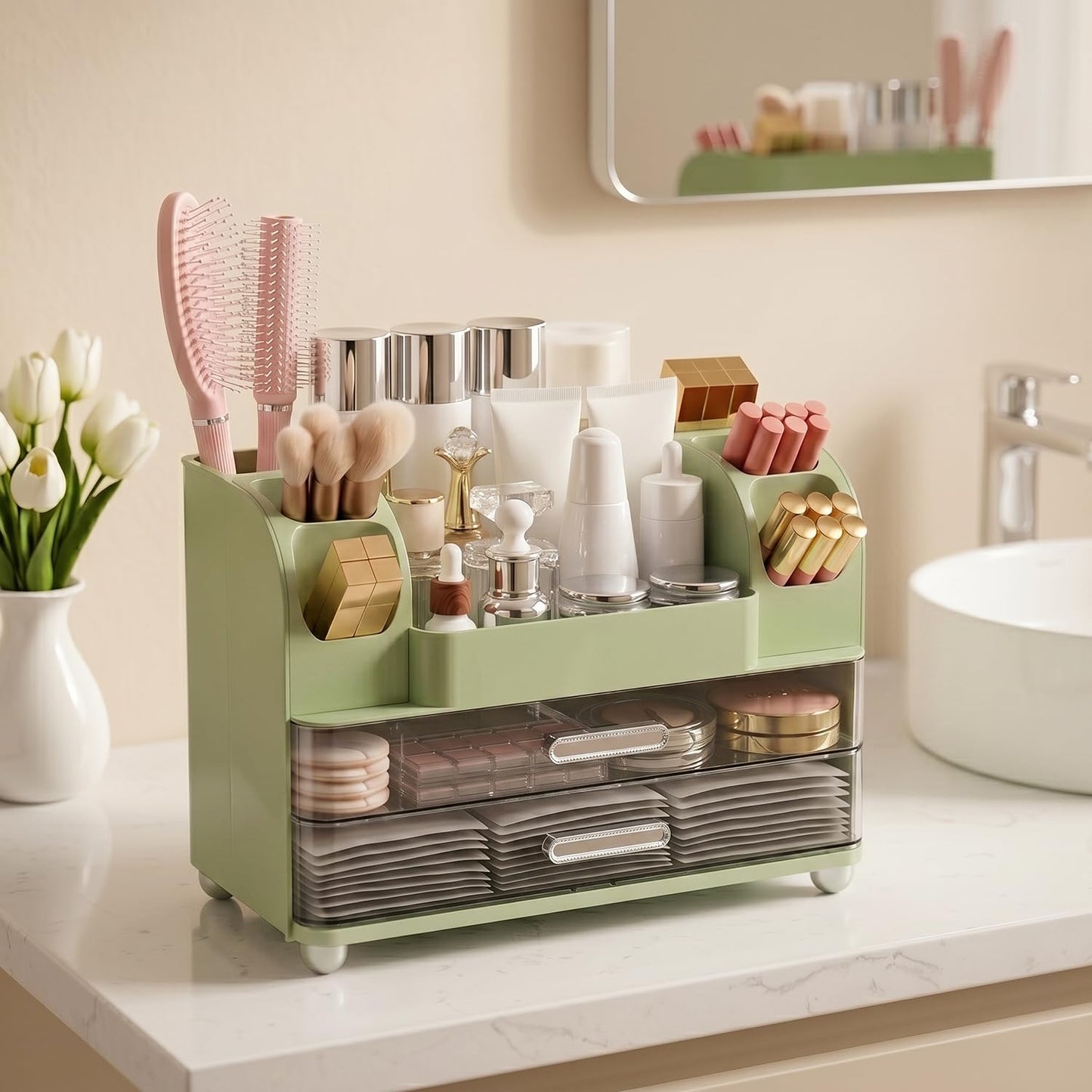 Brothersbox Makeup Organizer for Vanity with 2 Large Drawers and 6 Brush Holders, Large Bathroom Countertop Cosmetic Storage for Skincare, Lipstick, Nail Polish, Perfume, Gift for Women, Green
