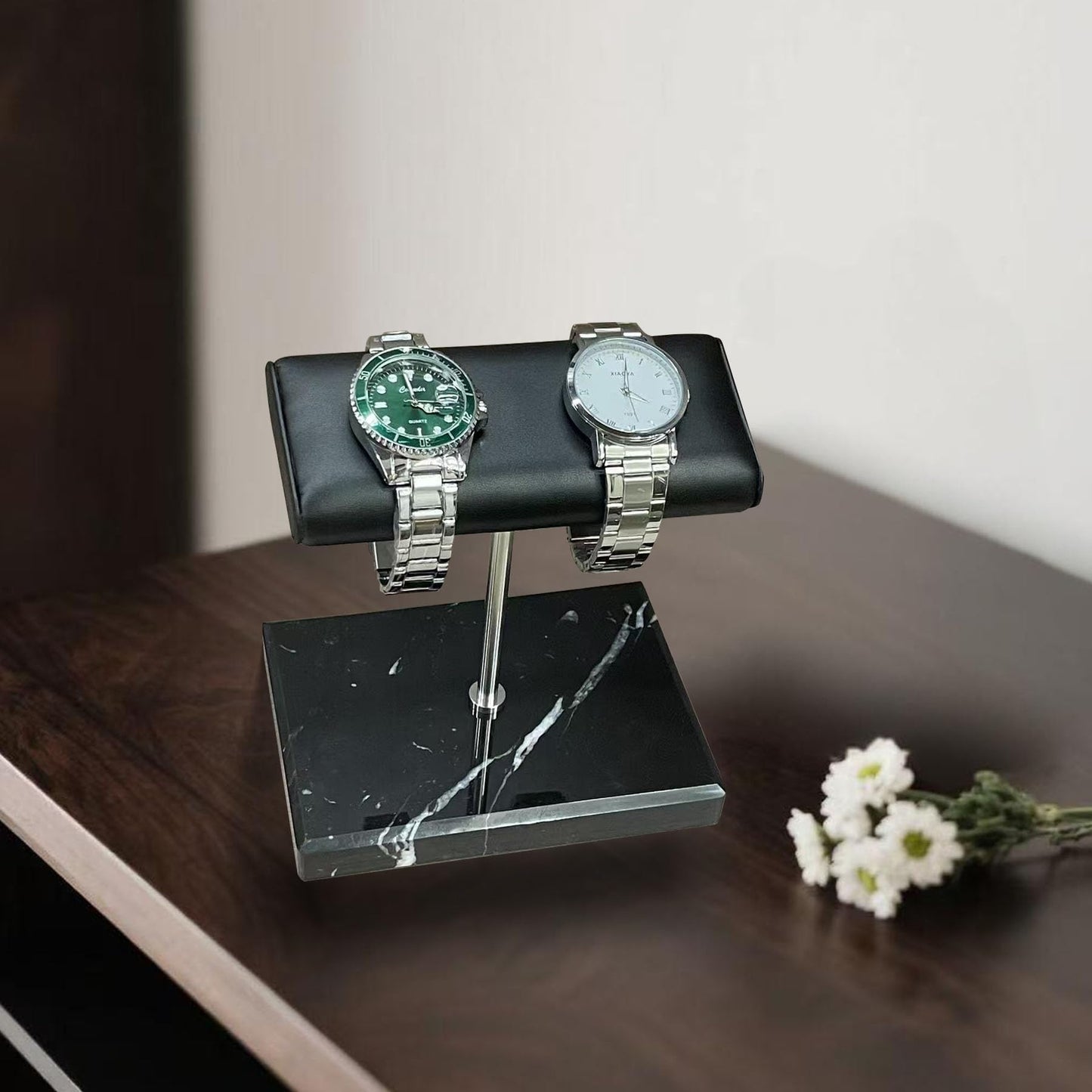 GDAOHELRS Men's Premium Handcrafted Watch Display Stand,Watch Stand,Watch Organizer,Watch Holder,Bracelet Display Stand,Natural Marble Base with Leather Surface (black)