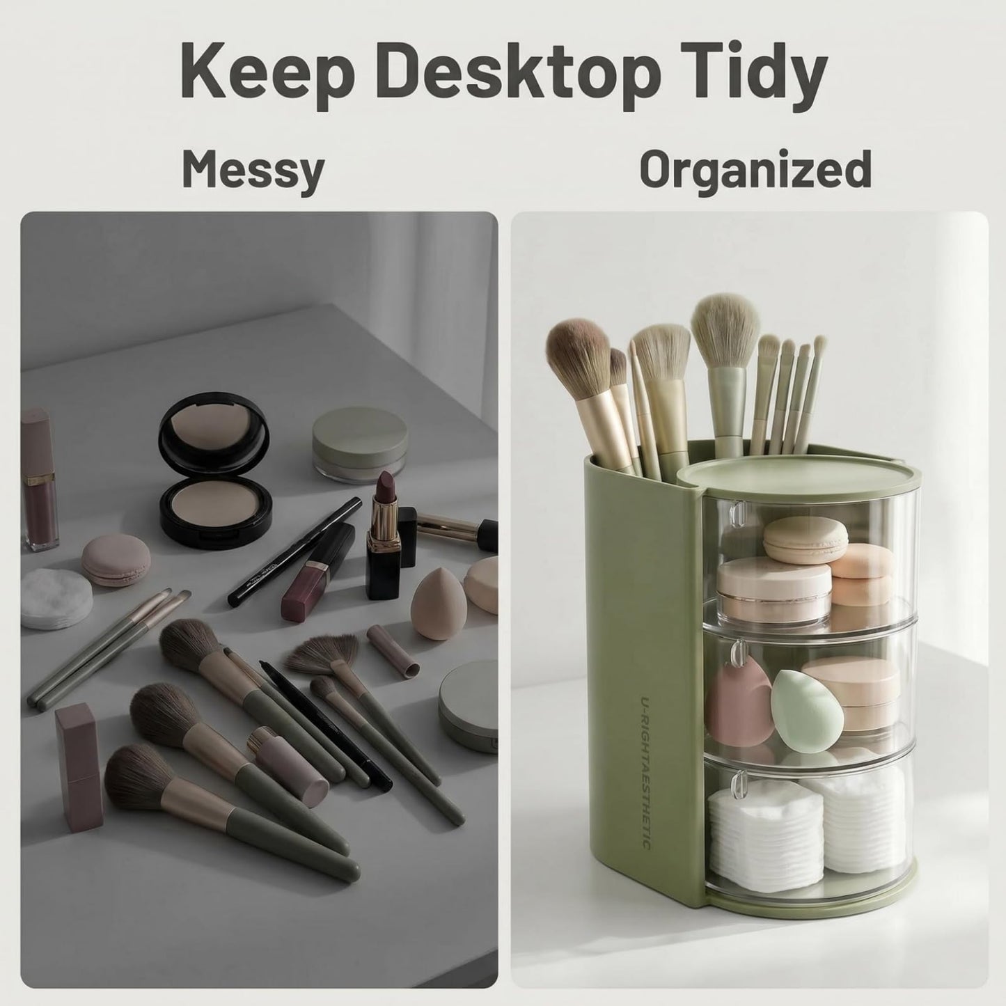 Lukzeezo Makeup Organizer with Makeup Brush Holder (Sage Green)