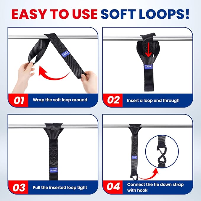 MOCA w/Lock Heavy Duty Ratchet Tie Down Straps, 5200 Lb Breaking Strength, 1.6" x 8 ft Heavy Duty Tie Down Kit with Padded Handles & Coated Chromoly S Hooks & 4 Soft Loops Black