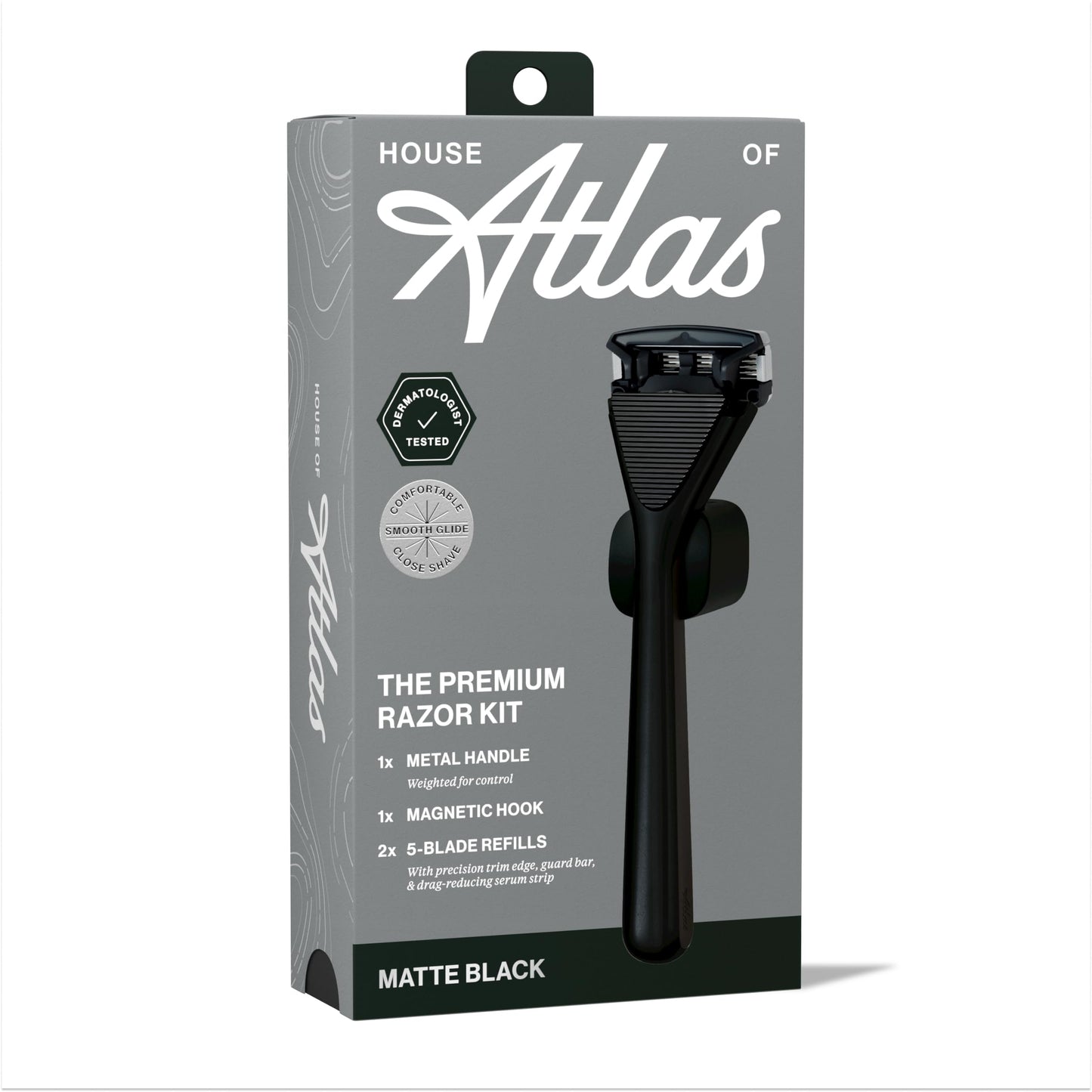 House of Atlas, Razors for Men - Mens Razors for Shaving with Handle, 2 Razor Blade Refills, & Shower Hook, 5-blade Precision Trim Edge, Smooth Close Shave, Reusable Razor for Men (Matte Black)