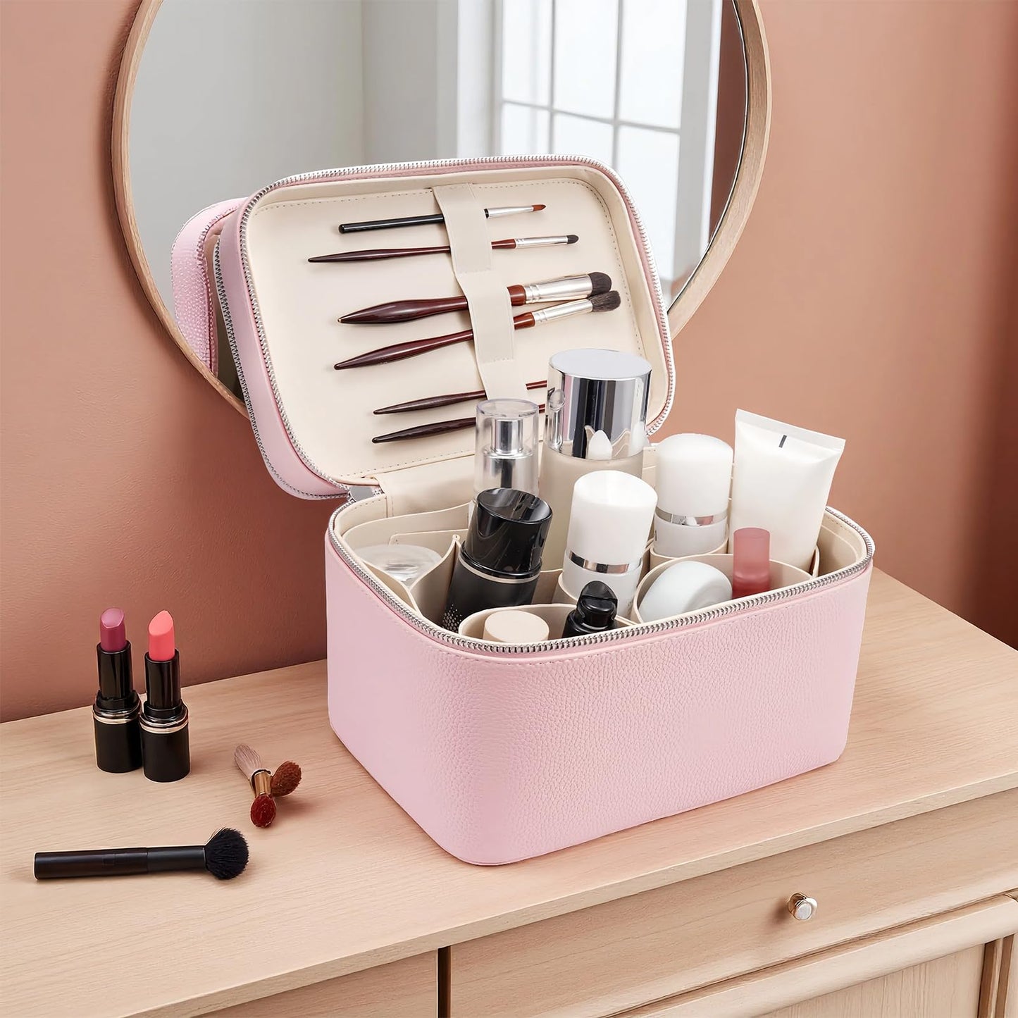 idoltimes Makeup Case, Large Capacity Waterproof Double Layer Cosmetic Bag with Removable Divider, Double Compartment Brush Organizer, Multi-functional Travel Organizer