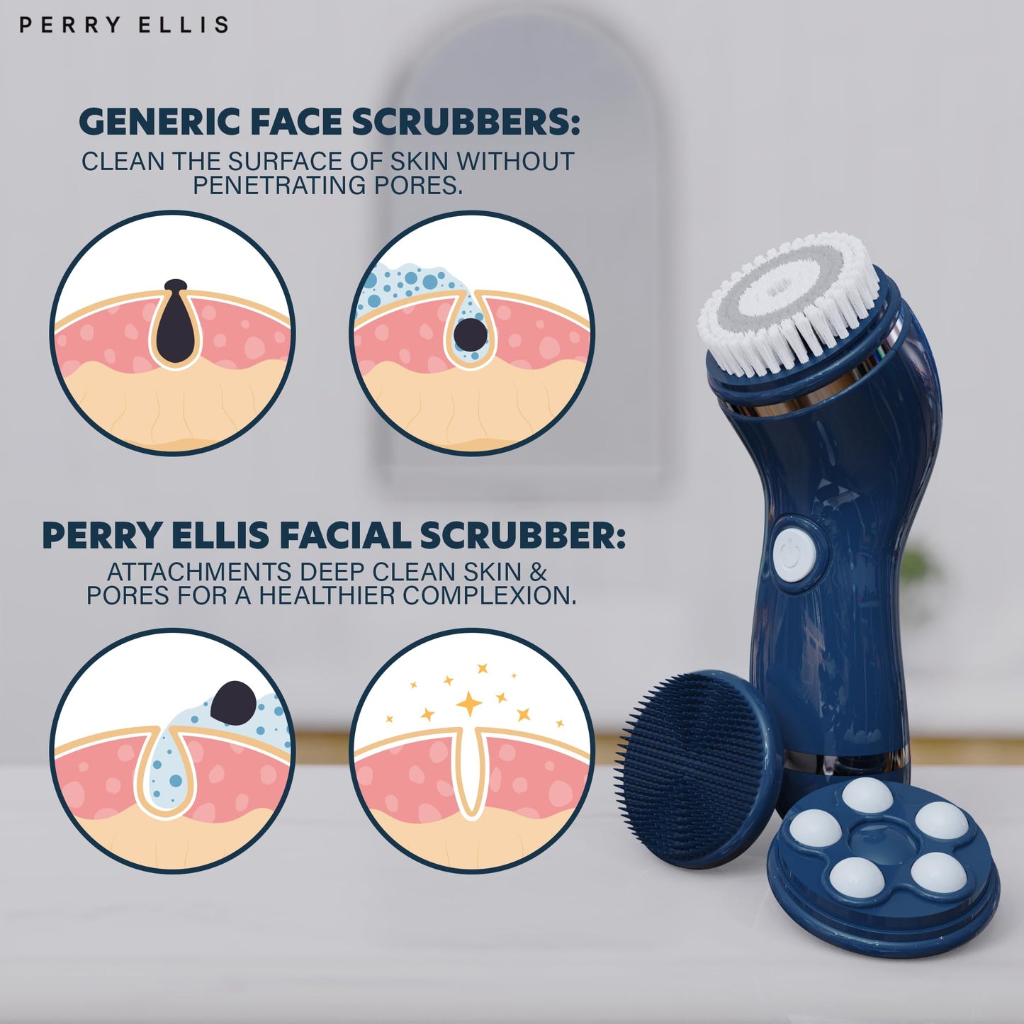 Perry Ellis 4-in-1 Cordless Massage and Cleansing Set with 4 Brush Heads, Exfoliating Face Scrubber with Massager, Rotating Scrub Brush, Facial Skincare Products, Carrying Case for Travel Included