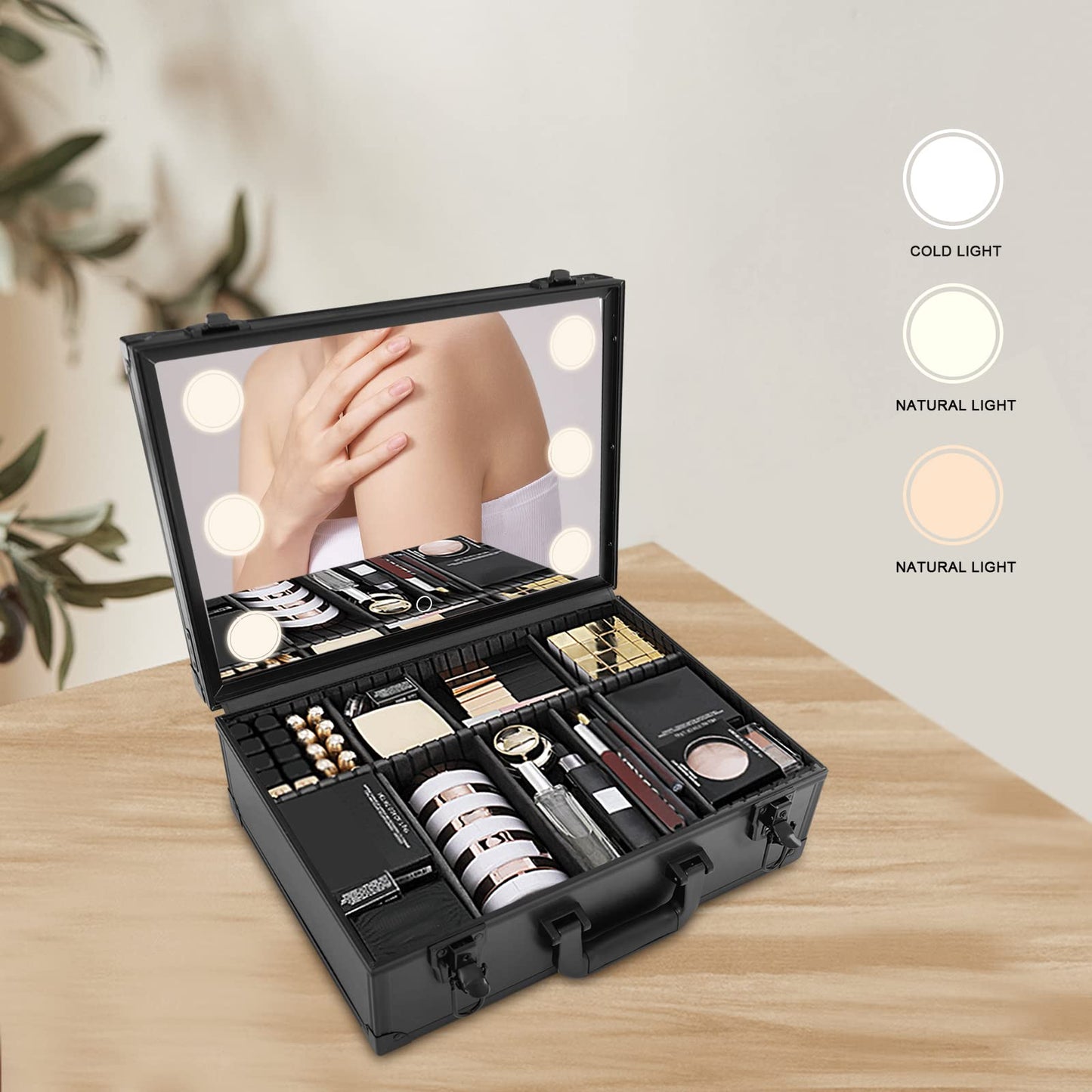 Fufiea Large Makeup Train Case with LED Mirror and Adjustable Dividers, Professional Cosmetic Organizer Box, 15lbs Capacity Waterproof Travel Case, Portable Black Makeup Suitcase for Artists