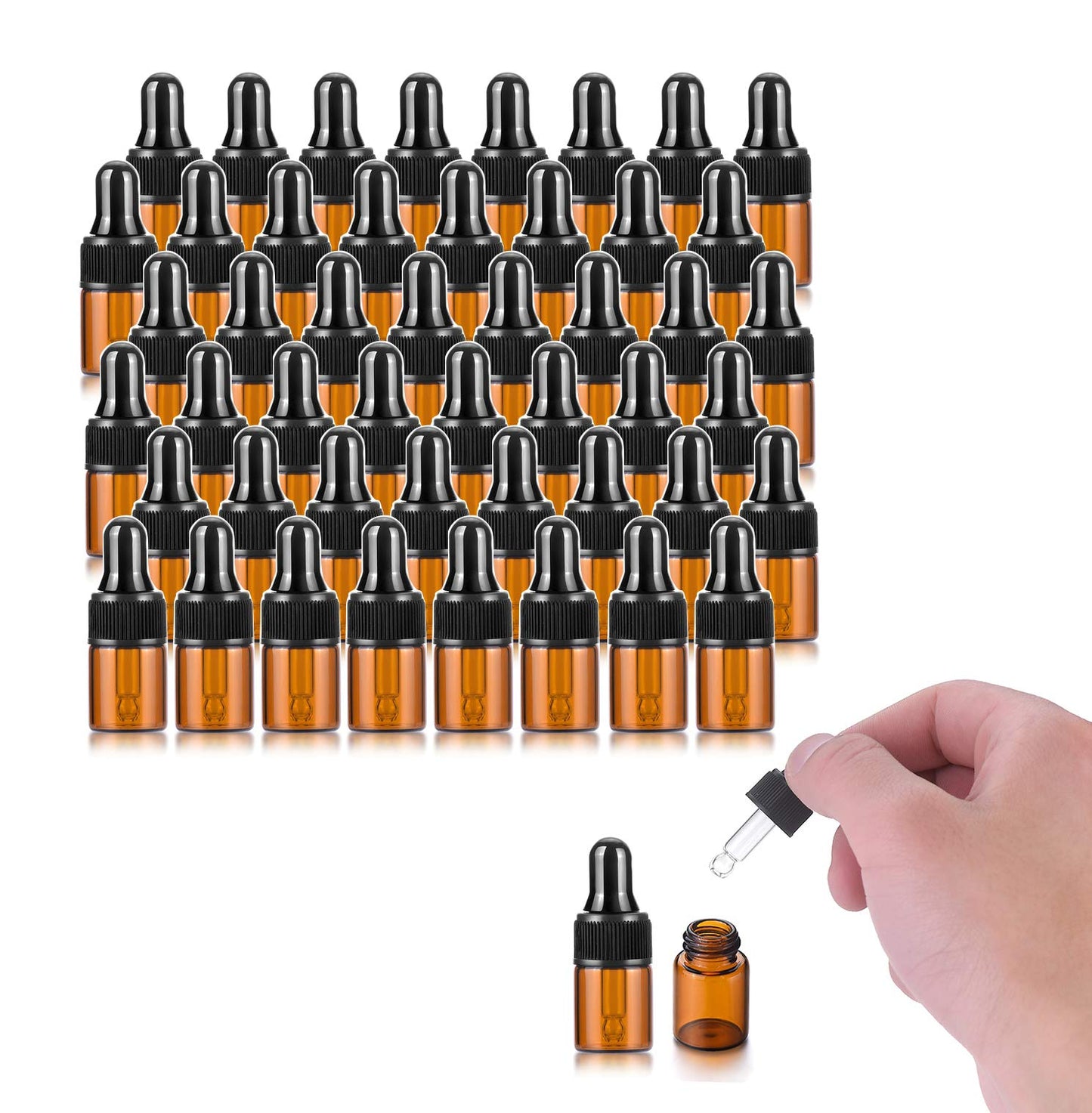50 Pack, 2ml Amber Glass Dropper Vial for Essential Oils, Empty Eye Dropper Bottle With Black Screw Cap, Liquid Pipette Travel Test Sample Perfume Vial - Transfer Pipette Included