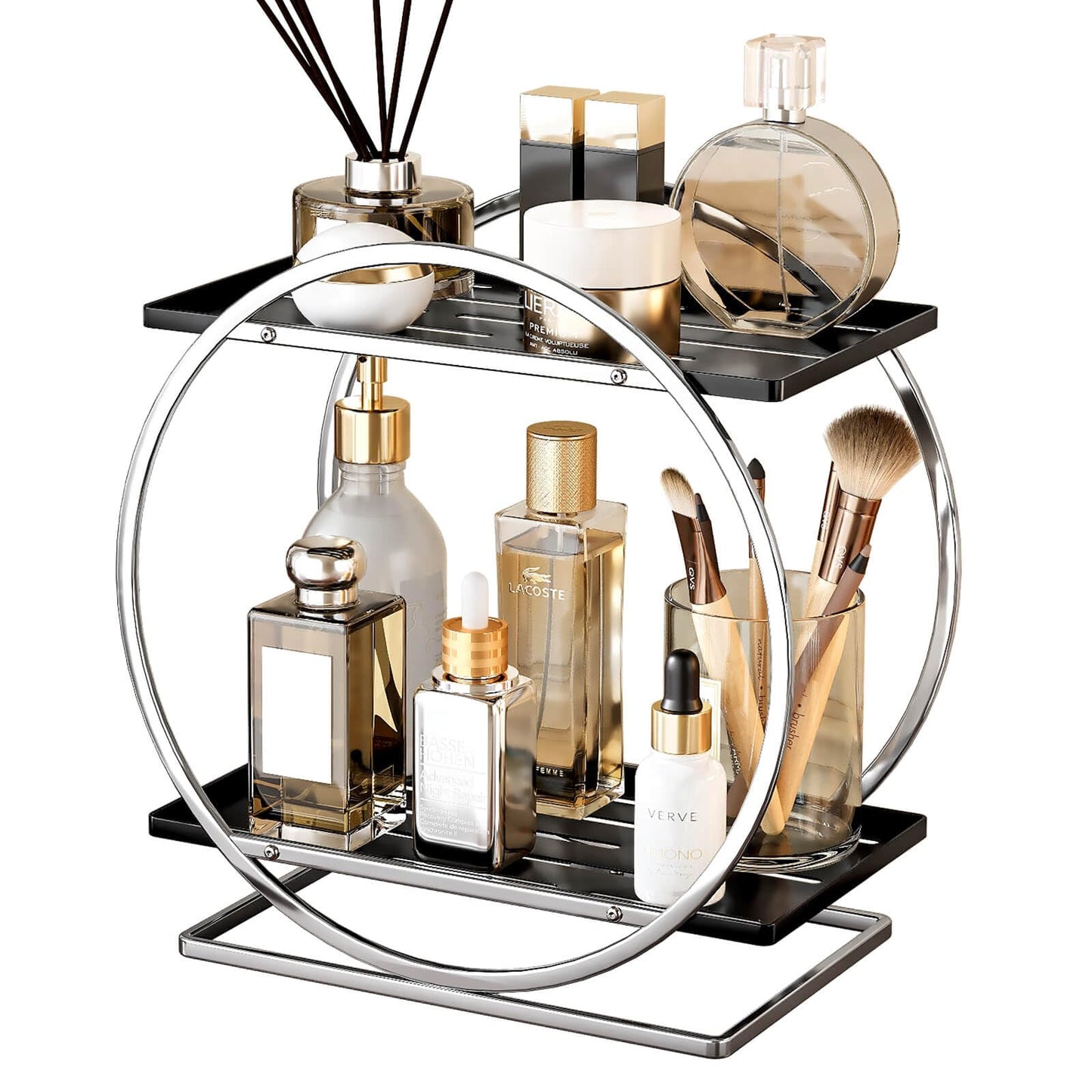 YIWANFW Bathroom Counter Organizer, Silver Black Perfume Organizer for Dresser, 2-Tier Bathroom Organizers and Storage, Exquisite Makeup Organizer Countertop Vanity Tray for Perfume Cosmetic Skincare