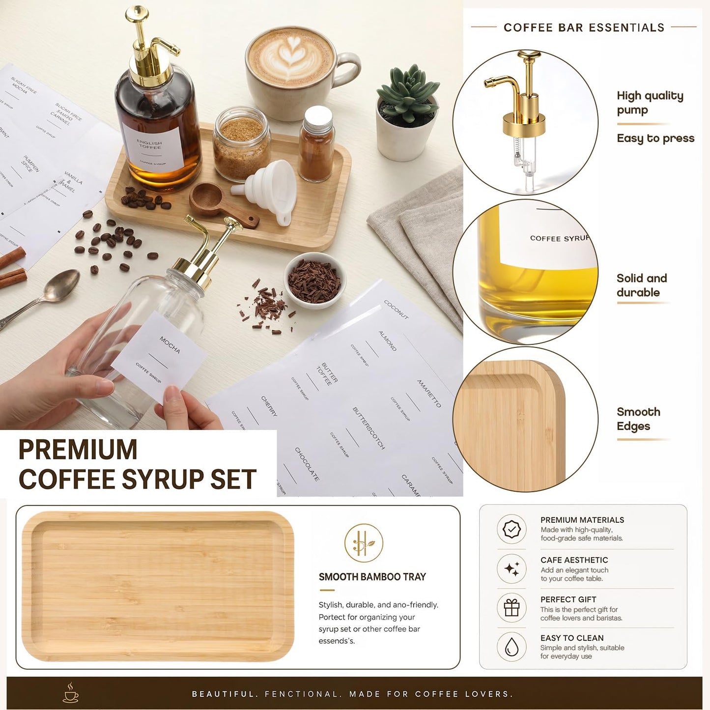 Domensi Syrup Dispenser for Coffee Bars, 2 Pack 16.9 oz Glass Syrup Bottle Pump Dispensers with Rectangle Bamboo Tray and 36 Labels for Organizing and Decor Display