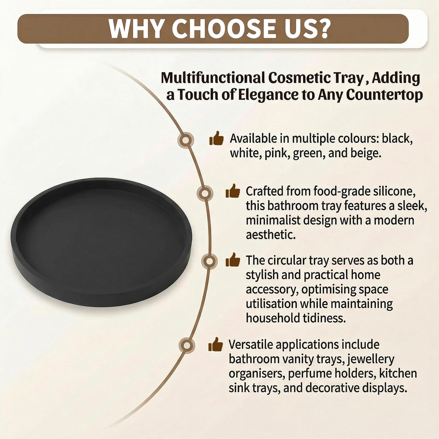 Round Tray Silicone Black, 10.6 Inch Bathroom Tray Countertop Decor, Vanity Trays for Bathroom Organizers, Waterproof Bathroom Tray for Counter, Decorative Coffee Table Tray